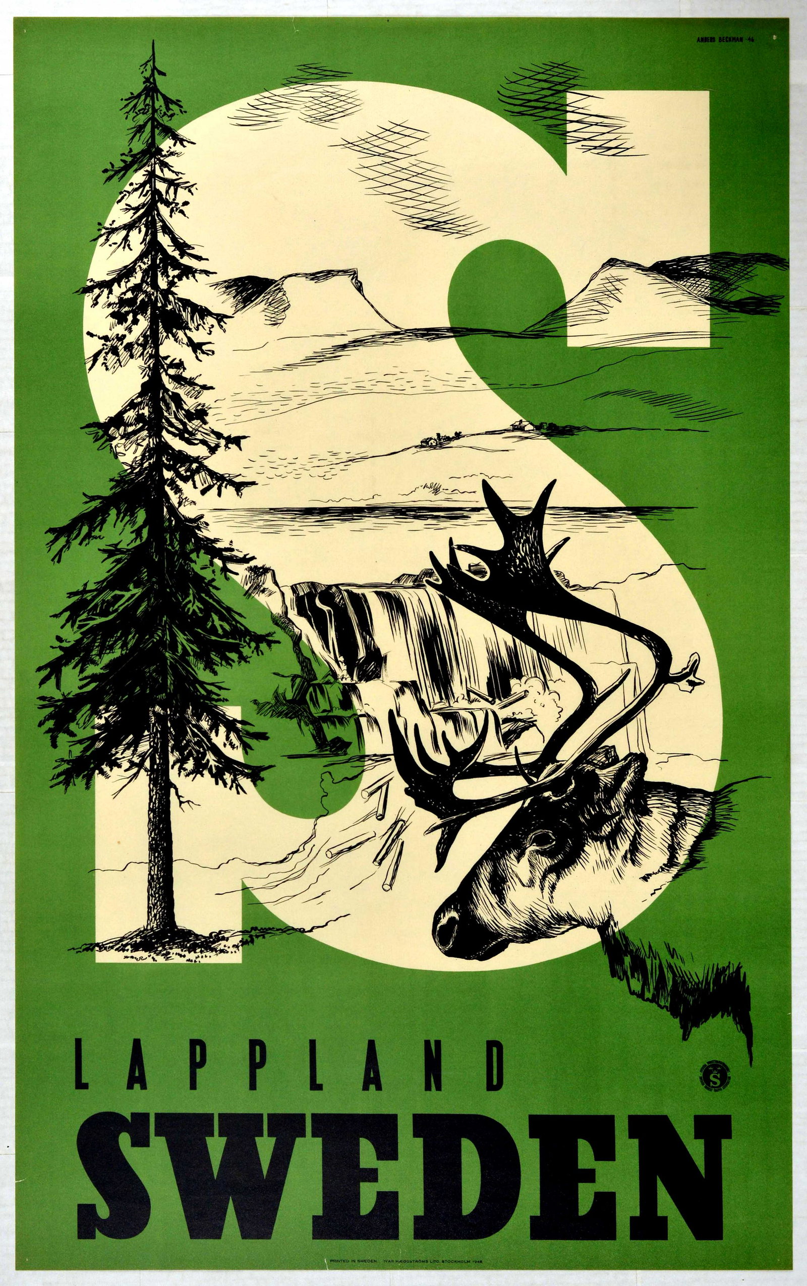 Travel Poster Lappland Sweden: Original vintage travel poster for Lappland in Sweden - striking design features a reindeer with a tree and waterfall in the background laid over a stylised white S on a green background. Lappland, of