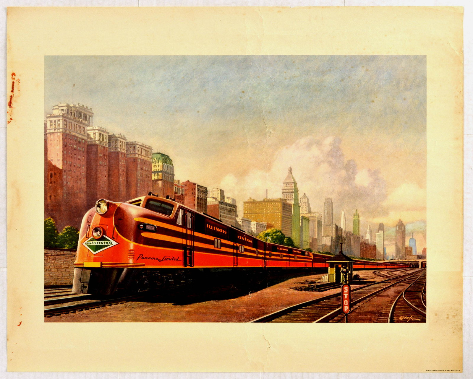 Travel Poster Panama Limited Illinois Central Railway: Original vintage travel poster with an artwork featuring a red train on a track, with tall skyscrapers in the metropolis or city in the background. The train is marked Illinois Central, and Panama Lim