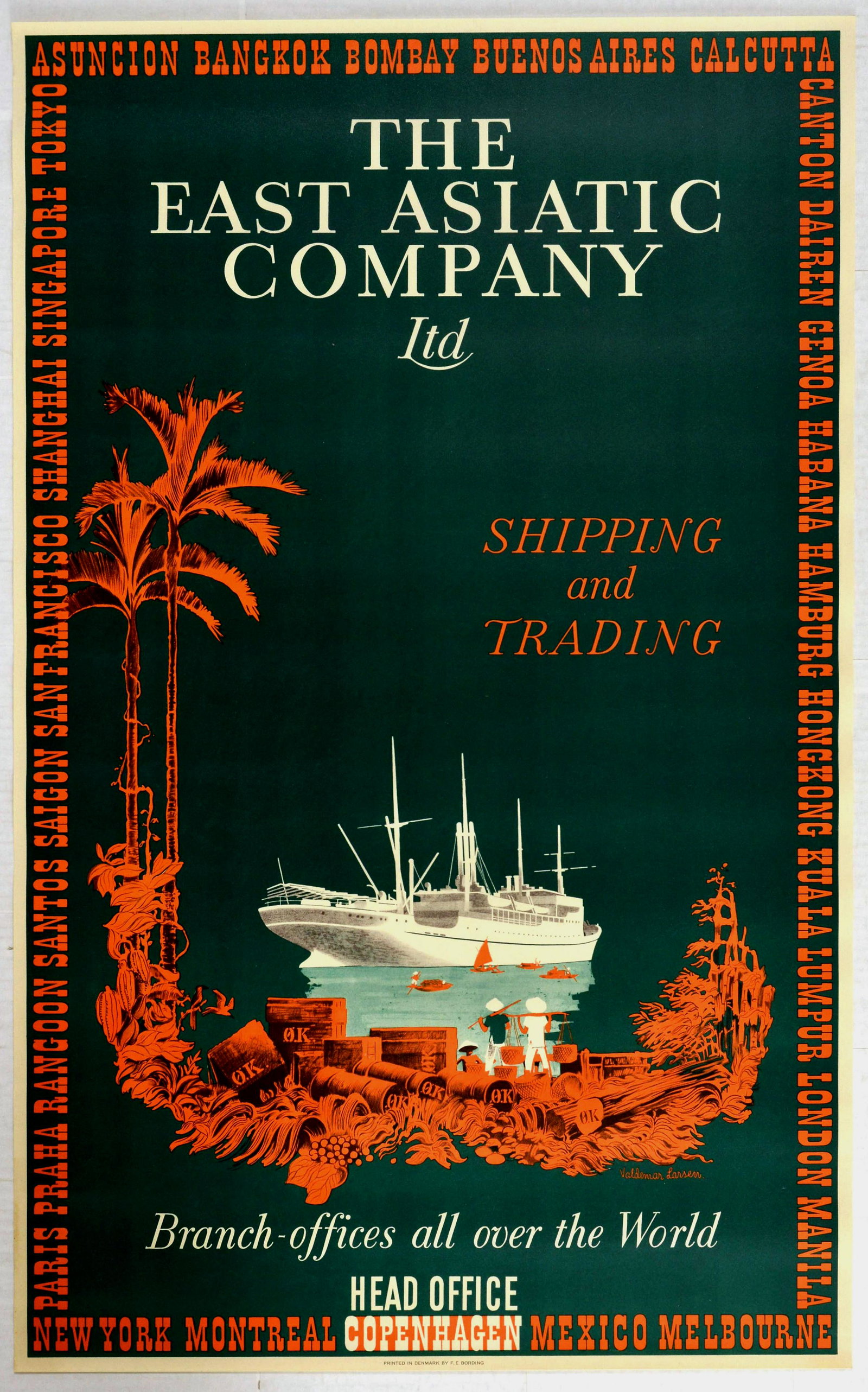 Travel Poster East Asiatic Company Far East: Original vintage travel advertising poster for the East Asiatic Company Ltd, captioned below Shipping and Trading - Branch offices all over the World., with an artwork showing a large white sailing ca