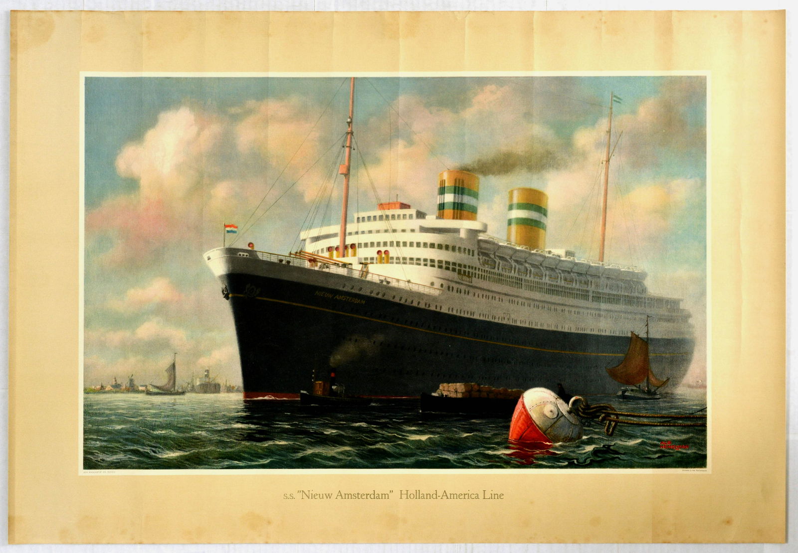 Travel Poster New Amsterdam Steamship Holland America: Original vintage travel poster titled SS. Niewu Amsterdam (New Amsterdam), Holland-America Line, featuring a large steamship sailing, accompanied by smaller sailboats and a landscape behind with a win