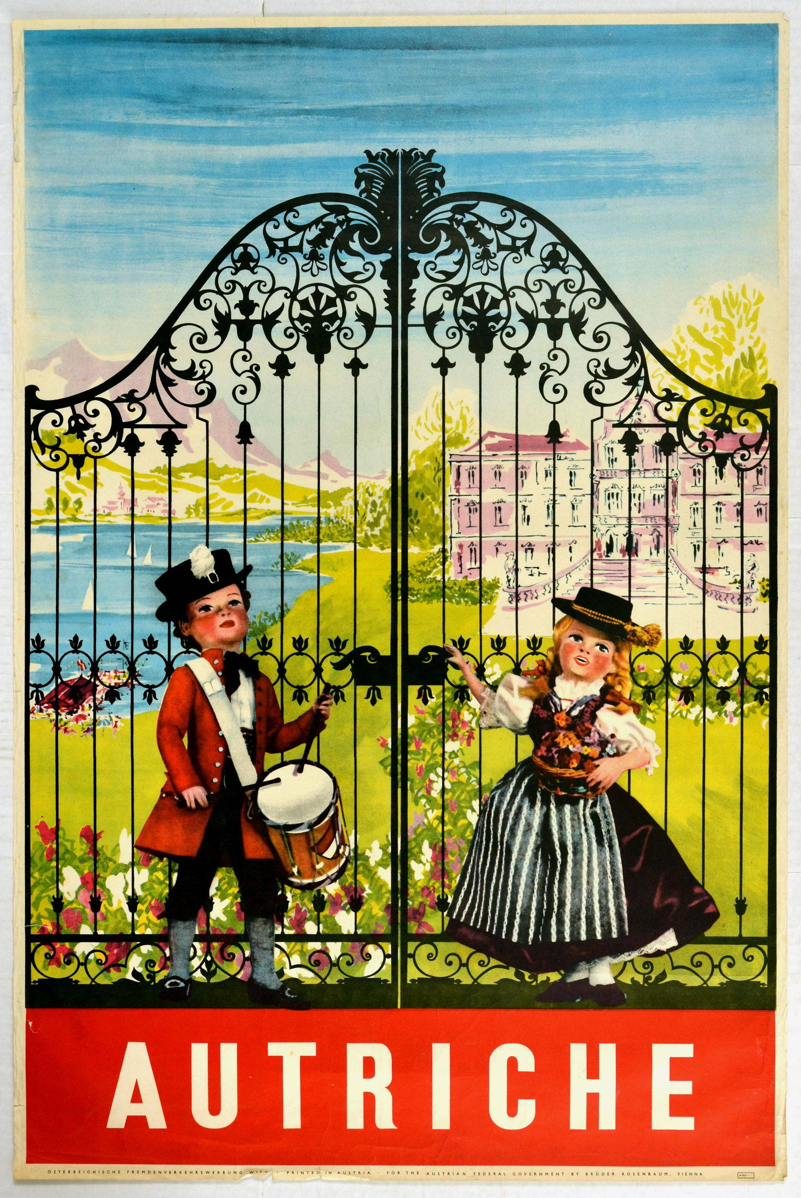 Travel Poster Austria Autriche Austrian Dolls: Original vintage travel poster for Austria. Fun design of two dolls in traditional dress standing in front of a palace gate with a lake and snowy mountains in the background. Male toy is a drummer, th