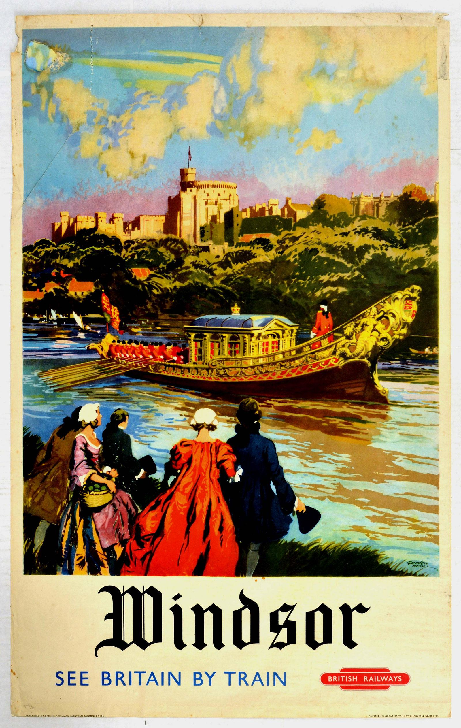 Travel Poster Windsor See Britain British Railways: Original vintage travel advertising poster titled Windsor - See Britain by Train, published by the British Railways with a classical artwork featuring onlookers by the river bank observing the the Que