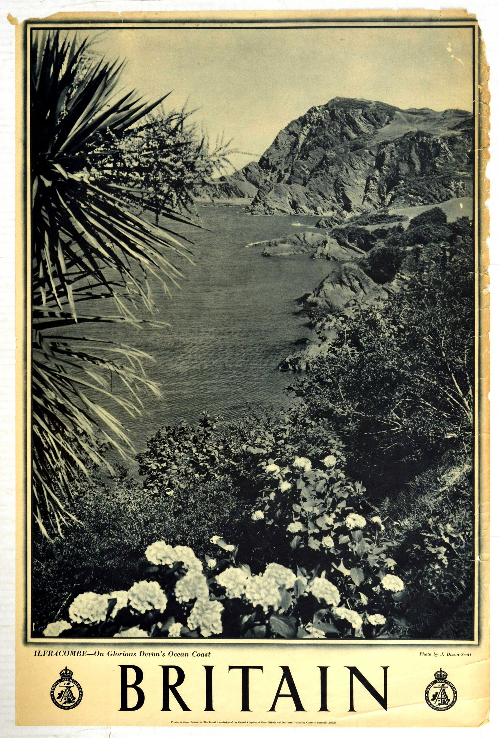 Travel Poster Ilfracombe Glorious Devon Ocean Coast: Original vintage travel poster for Britain featuring a black and white photo by J. Dixon-Scott titled Ilfracombe - On Glorious Devon's Ocean Coast. Printed in Great Britain for the Travel Association 