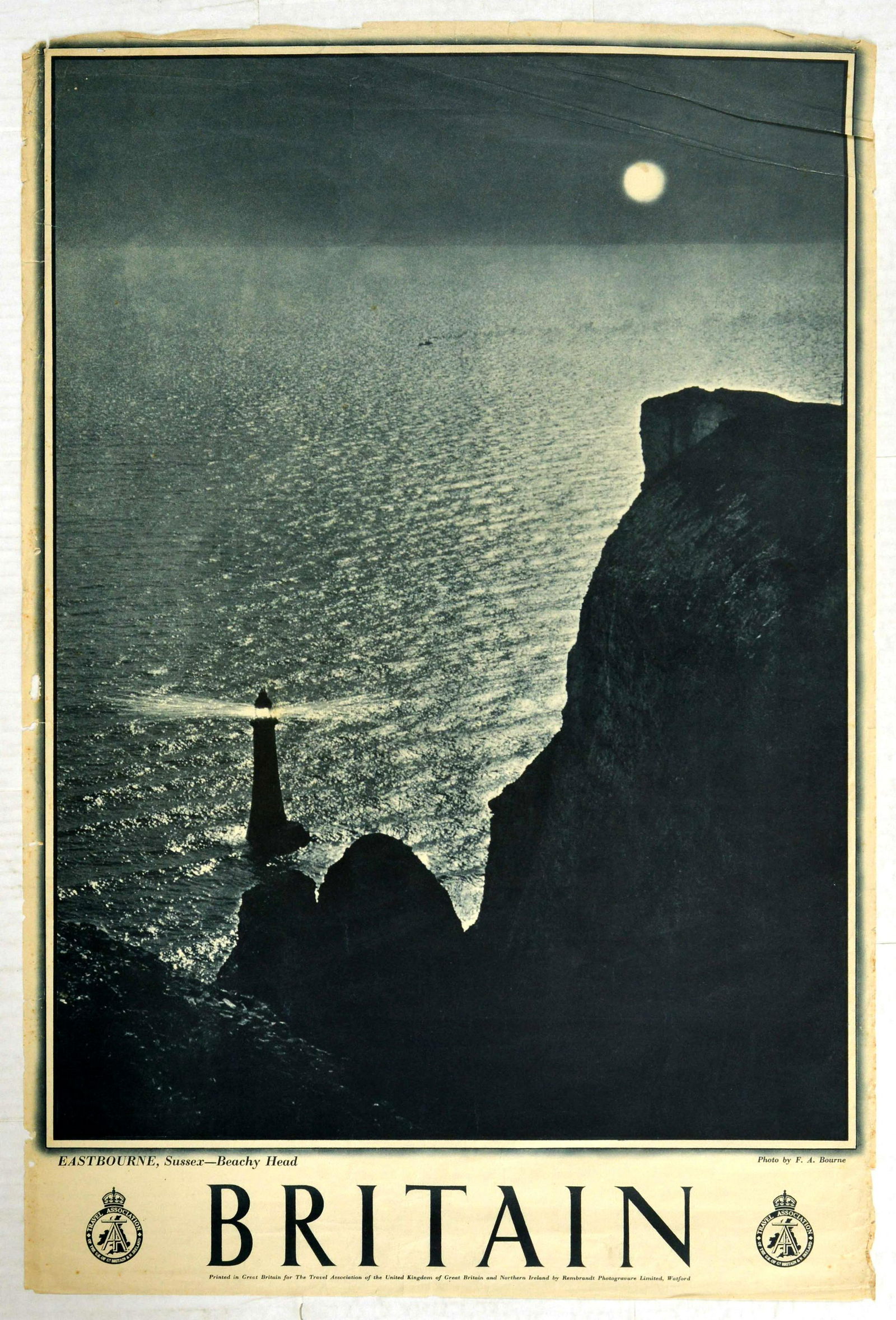 Travel Poster Britain Eastbourne Sussex Beachy Head: Original vintage travel poster for Britain featuring a black and white photo by F.A. Bourne titled Eastbourne, Sussex - Beachy Head. Printed in Great Britain for the Travel Association of the United K