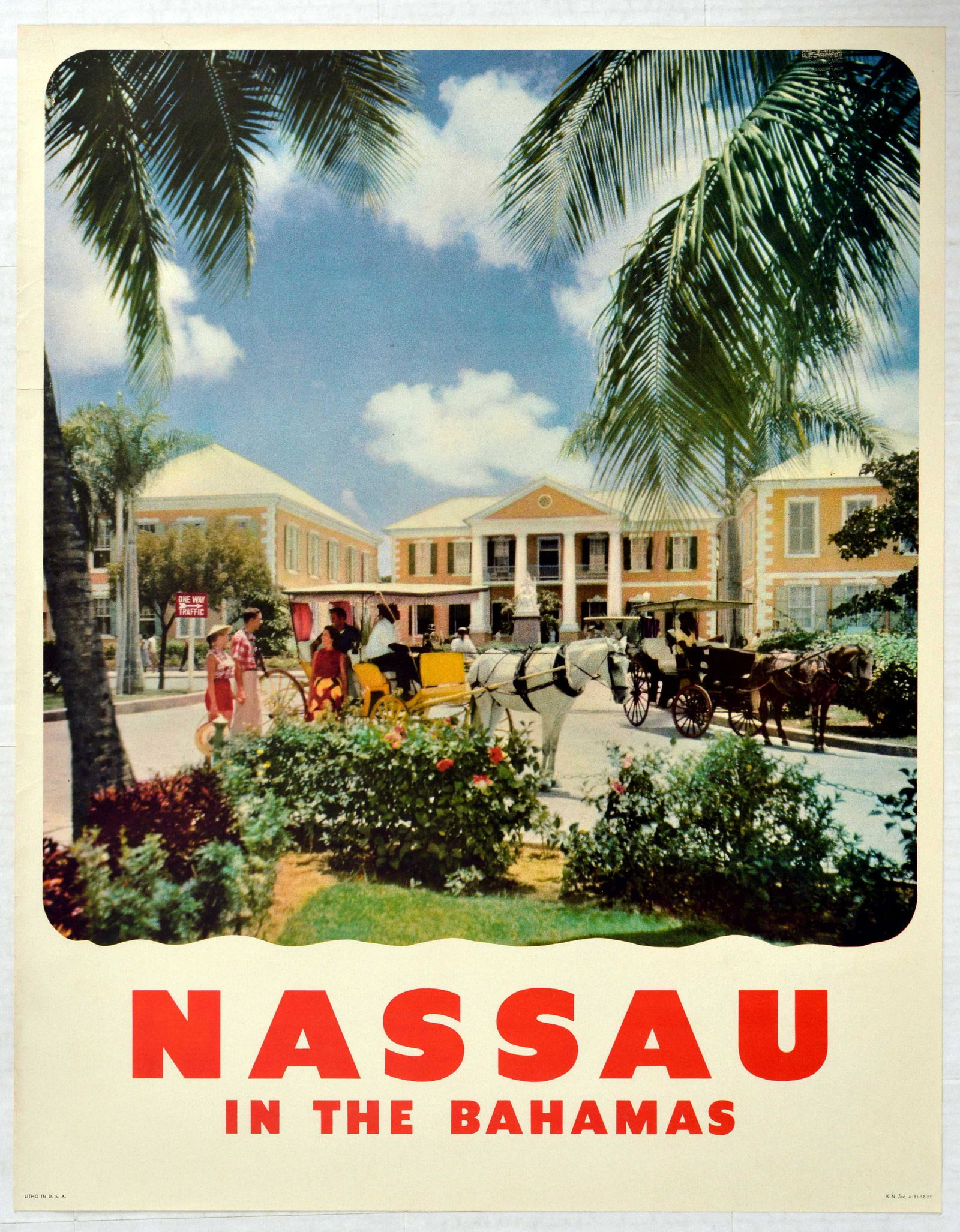 Travel Poster Nassau in the Bahamas: Original vintage travel poster for Nassau in the Bahamas - Great design features tourists in a pristine town with people giving rides on a horse and carriage. Bold red lettering below. Nassau is the c