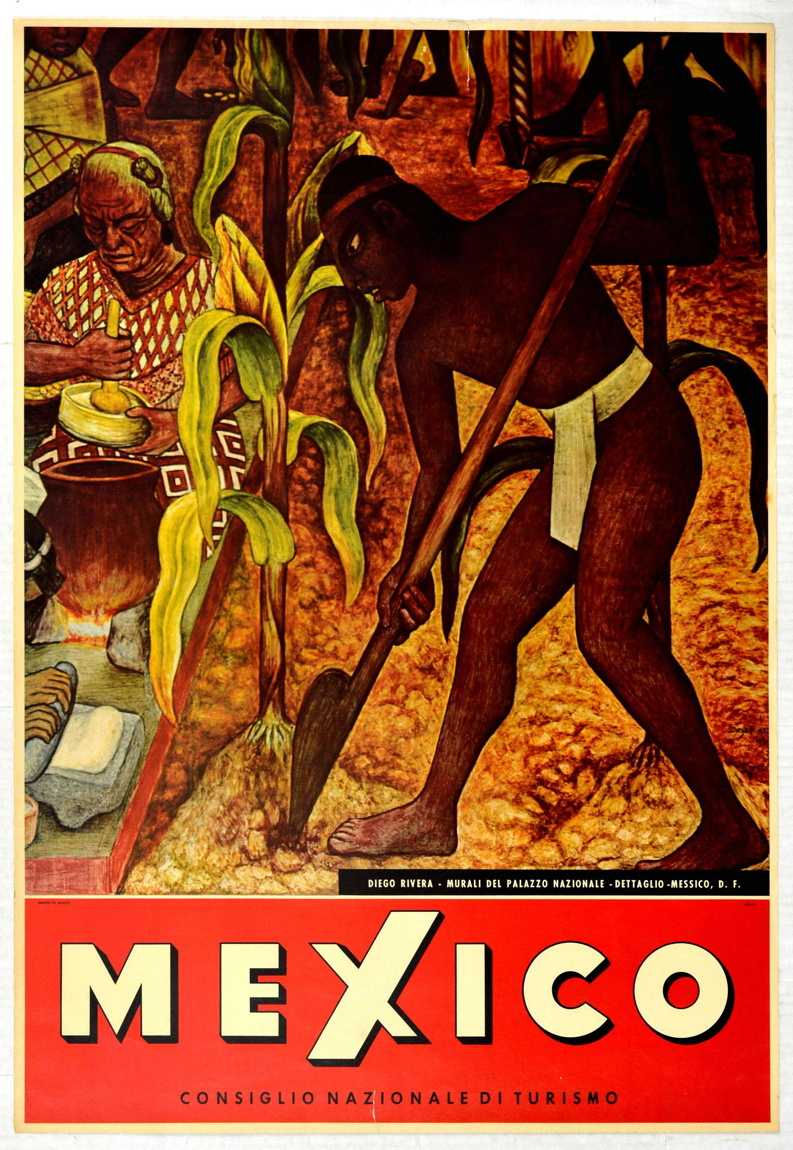 Travel Poster Mexico Diego Rivera: Original vintage travel poster for Mexico issued by the National Tourism Council - Great image by Diego Rivera taken from the murals of the National Palace featuring a tribesman digging at the base of