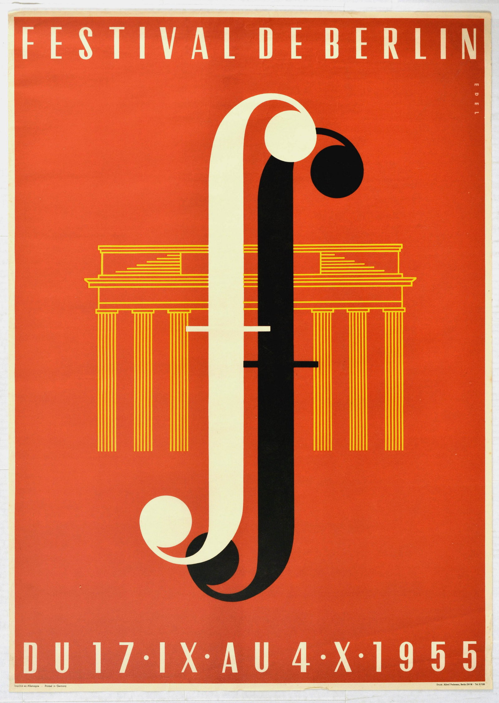 Travel Poster Berlin Music Festival Midcentury Modern: Original vintage travel poster promoting a music festival in Berlin that ran from 17 September to 4 October, 1955. Elegant midcentury modern design of a music symbol in front of the Brandenburg Gate o