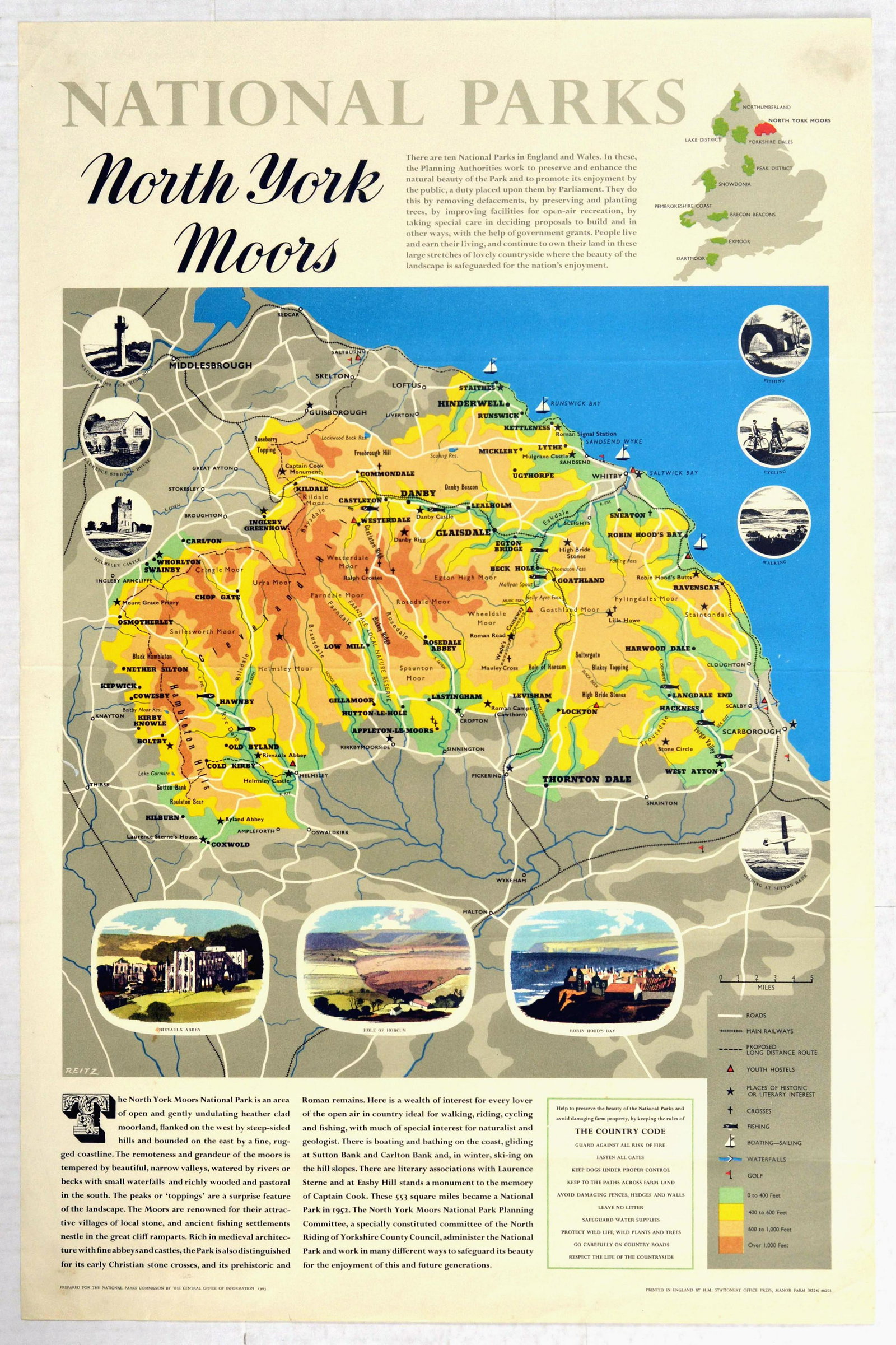 Travel Poster National Parks North York Moors Yorkshire: Original vintage travel poster featuring an annotated map of The North York Moors National Park featuring travel routes, roads, railways, youth hostels, place names, camping areas, golf courses, fishi