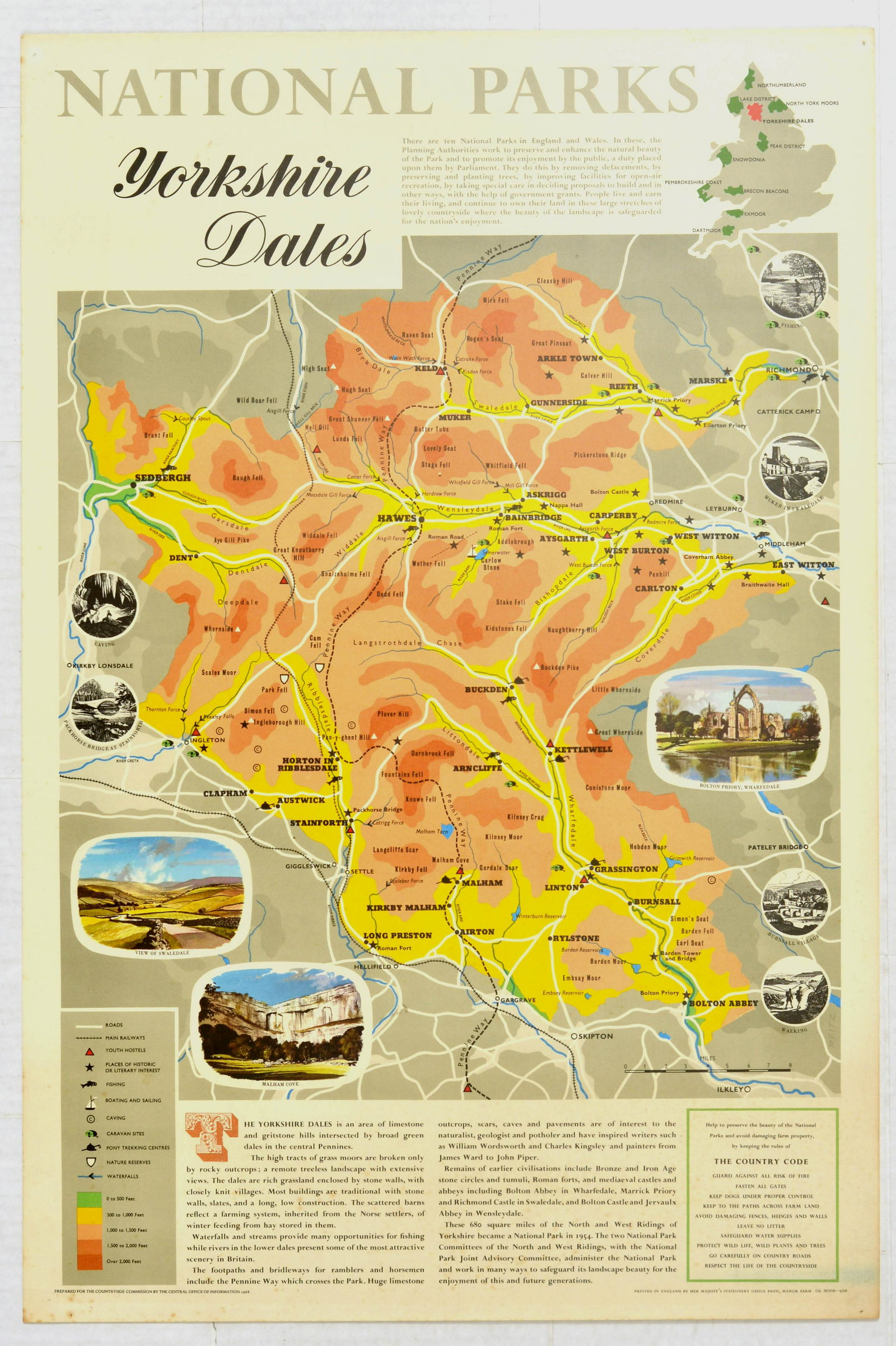Travel Poster National Parks Yorkshire Dales Pictorial: Original vintage travel poster featuring an illustrated map of the Yorkshire Dales, as part of the National Parks.The hiking map contains images of various places of interest in the area, including th
