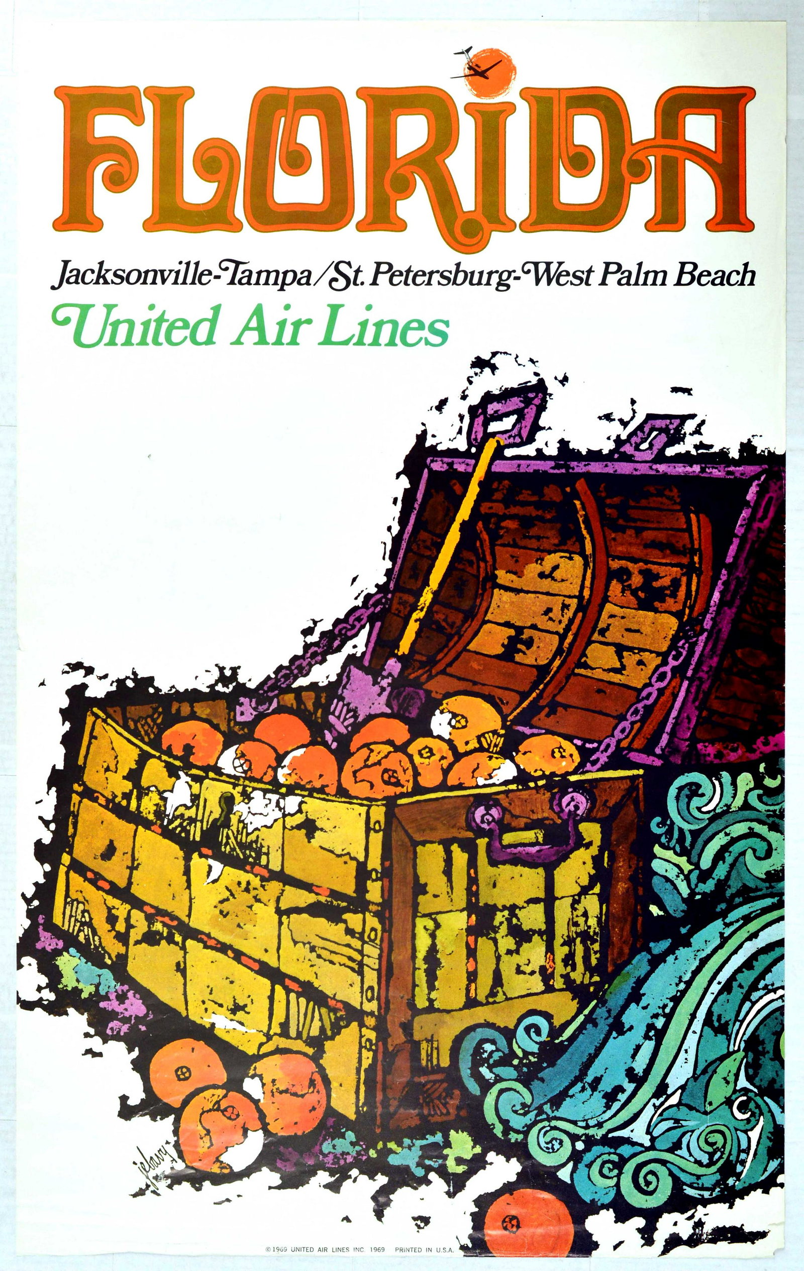 Travel Poster Florida United Airlines USA: Original vintage travel poster for Florida - Jacksonville - Tampa - St Petersburg - West Palm Beach issued by United Airlines. Great illustration features a treasure chest full of oranges and a spade.