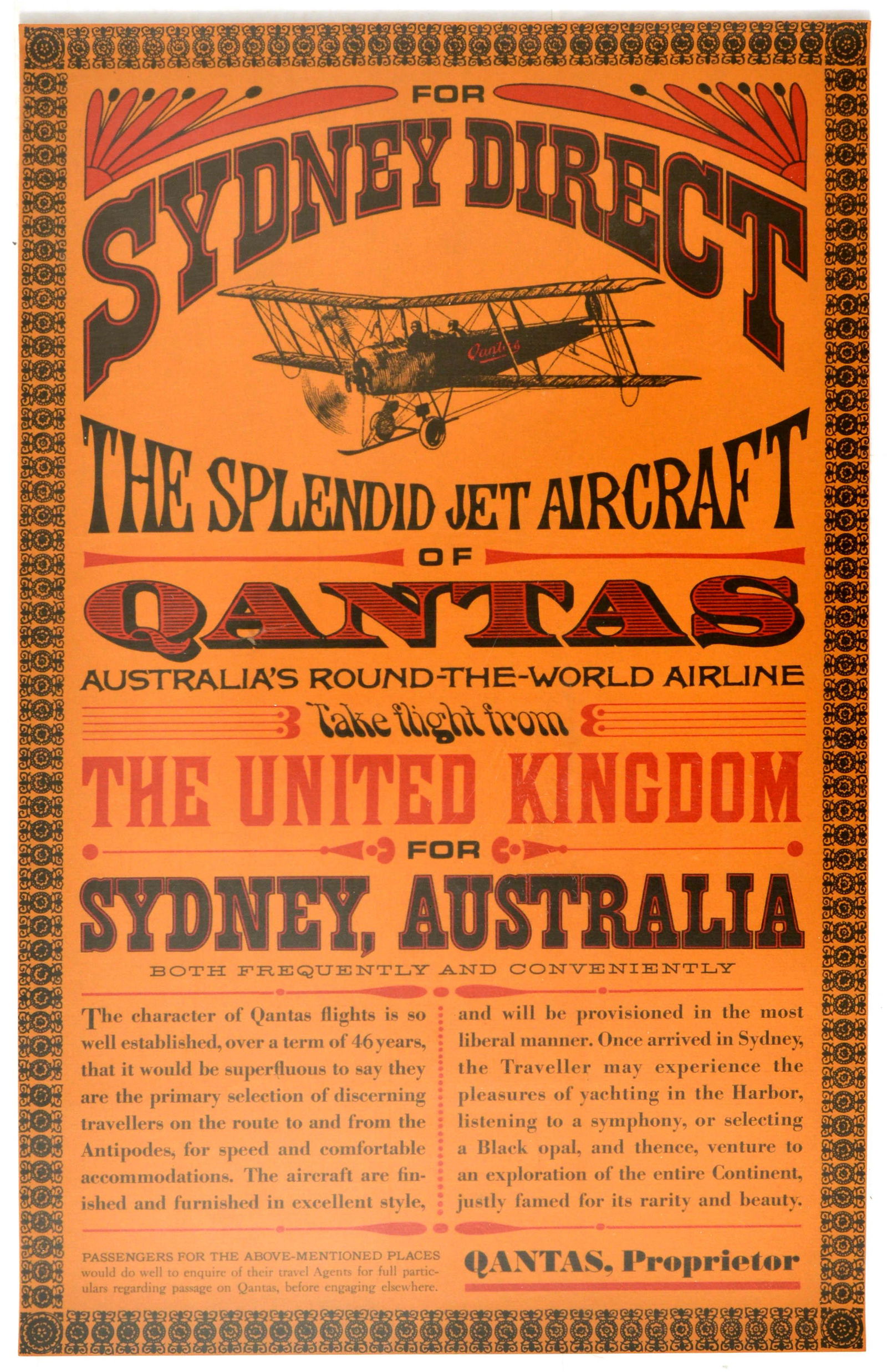 Travel Poster Sydney Australia Quantas Airline London: Original vintage travel poster featuring an old Wild West antique style advertising design with the bold lettering above and below an image of a bi-plane marked Qantas set within a decorative border -