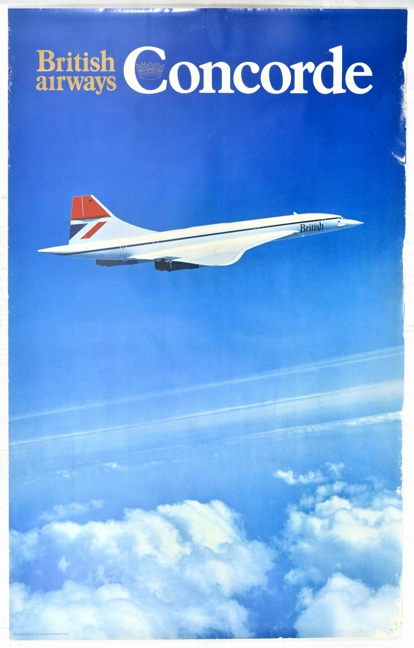 Travel Poster British Airways Concorde Airplane: Original vintage travel advertising poster titled British Airways - Concorde, with an artwork of a photograph featuring the iconic supersonic jet, in white and British Airways colours in mid flight, a