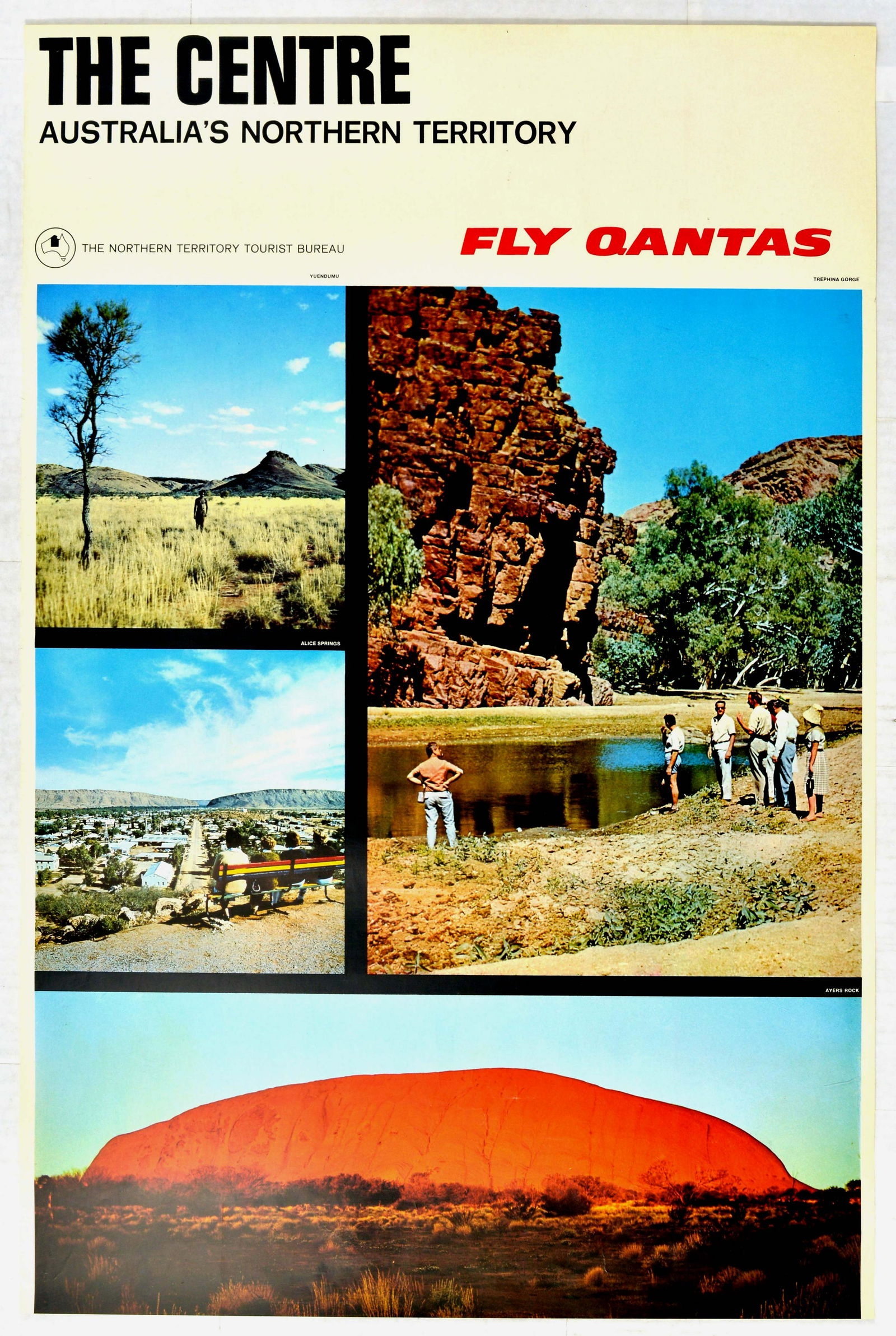 Travel Poster Australia Qantas Airline Ayers Rock: Original vintage travel advertising poster titled The Centre - Australia's Northern Terriroty - Fly Quantas, with a photo collage showing the natural landscape of Australia, featuring Yuendumu, Trephi