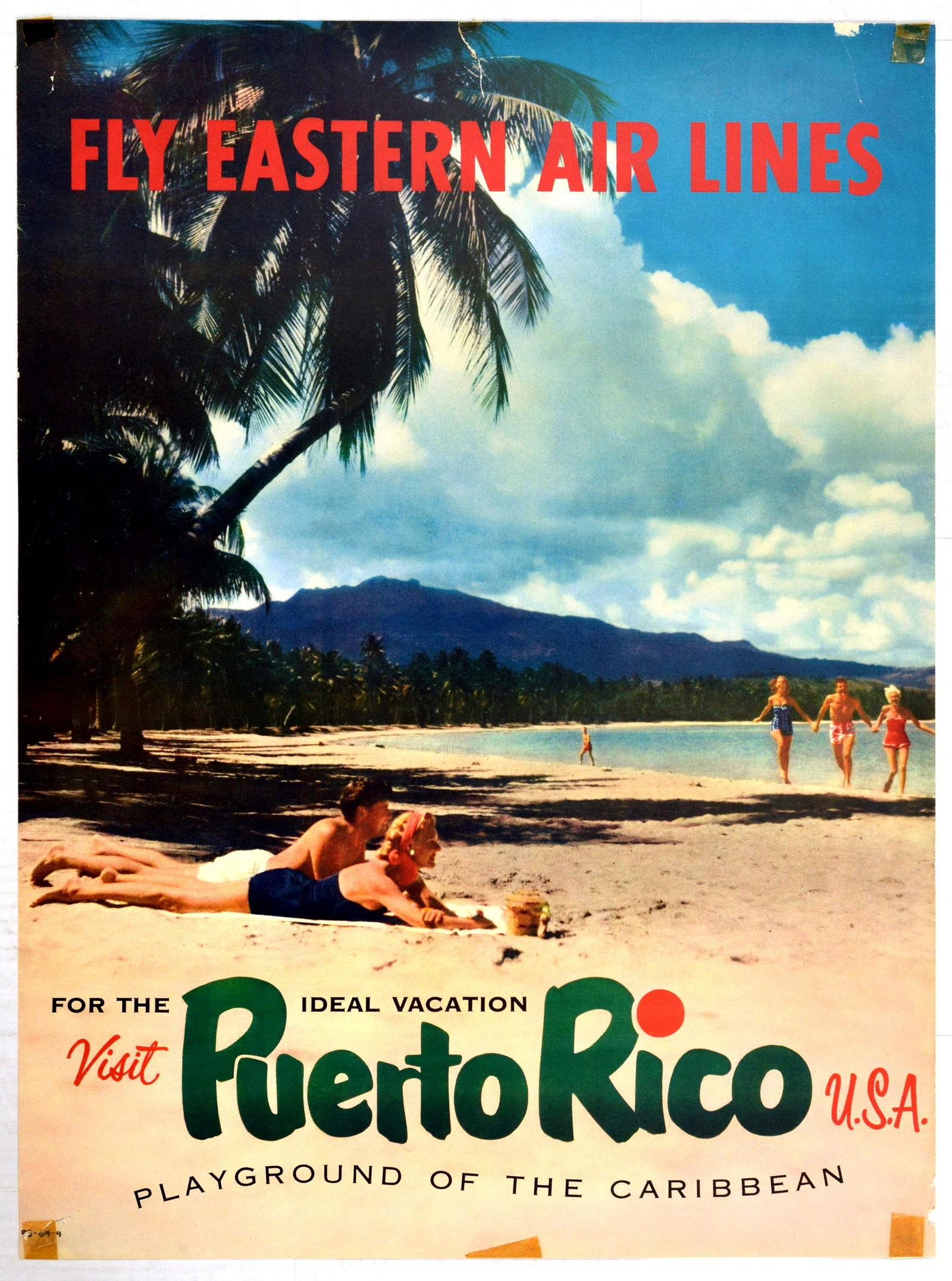 Travel Poster Puerto Rico USA Fly Eastern Air Lines: Original vintage travel poster for Puerto Rico issued by Eastern Air Lines - For the Ideal Vacation Visit Puerto Rico USA - Playground of the Carribbean - Great design features a photo of a couple sun