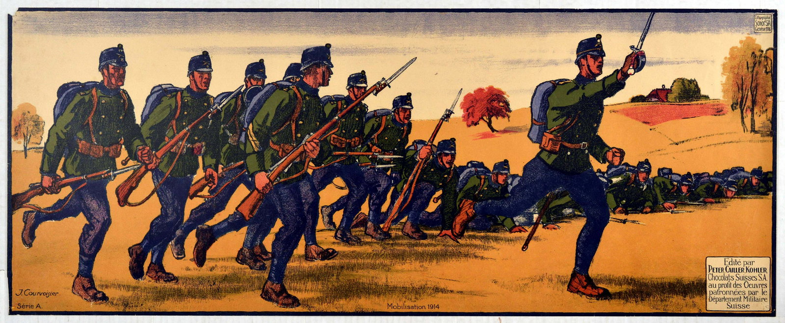 Propaganda Poster Swiss Army Mobilisation Attack Kohler: Original vintage propaganda poster Mobilisation 1914 - Soldiers Charging - Great artwork by Jules Courvoisier (1884-1936) features soldiers charging into battle. Edited by Peter Cailler Kohler Chocola