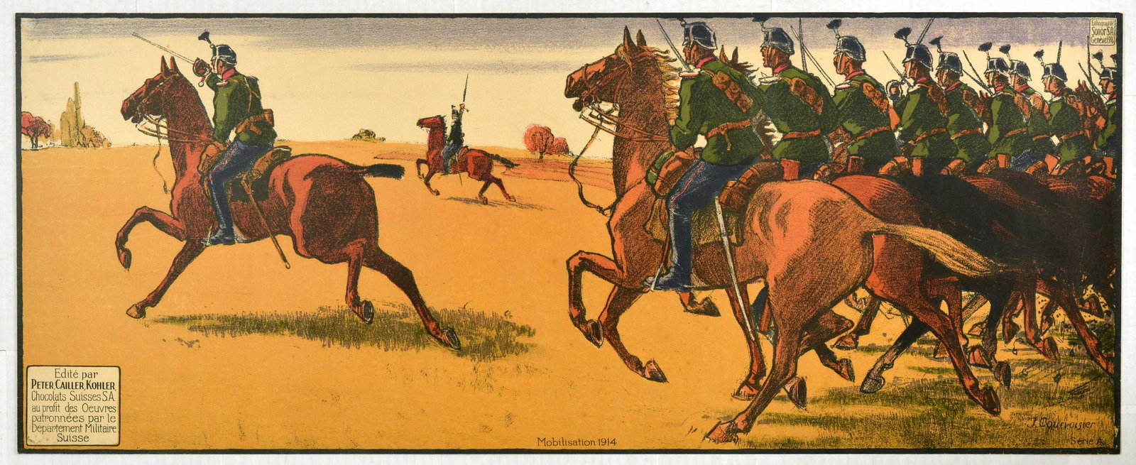 Propaganda Poster Swiss Army Mobilisation Kohler: Original vintage propaganda poster Mobilisation 1914 - Cavalry Horse Charging - Great artwork by Jules Courvoisier (1884-1936) features soldiers charging into battle on horseback. Edited by Peter Cail