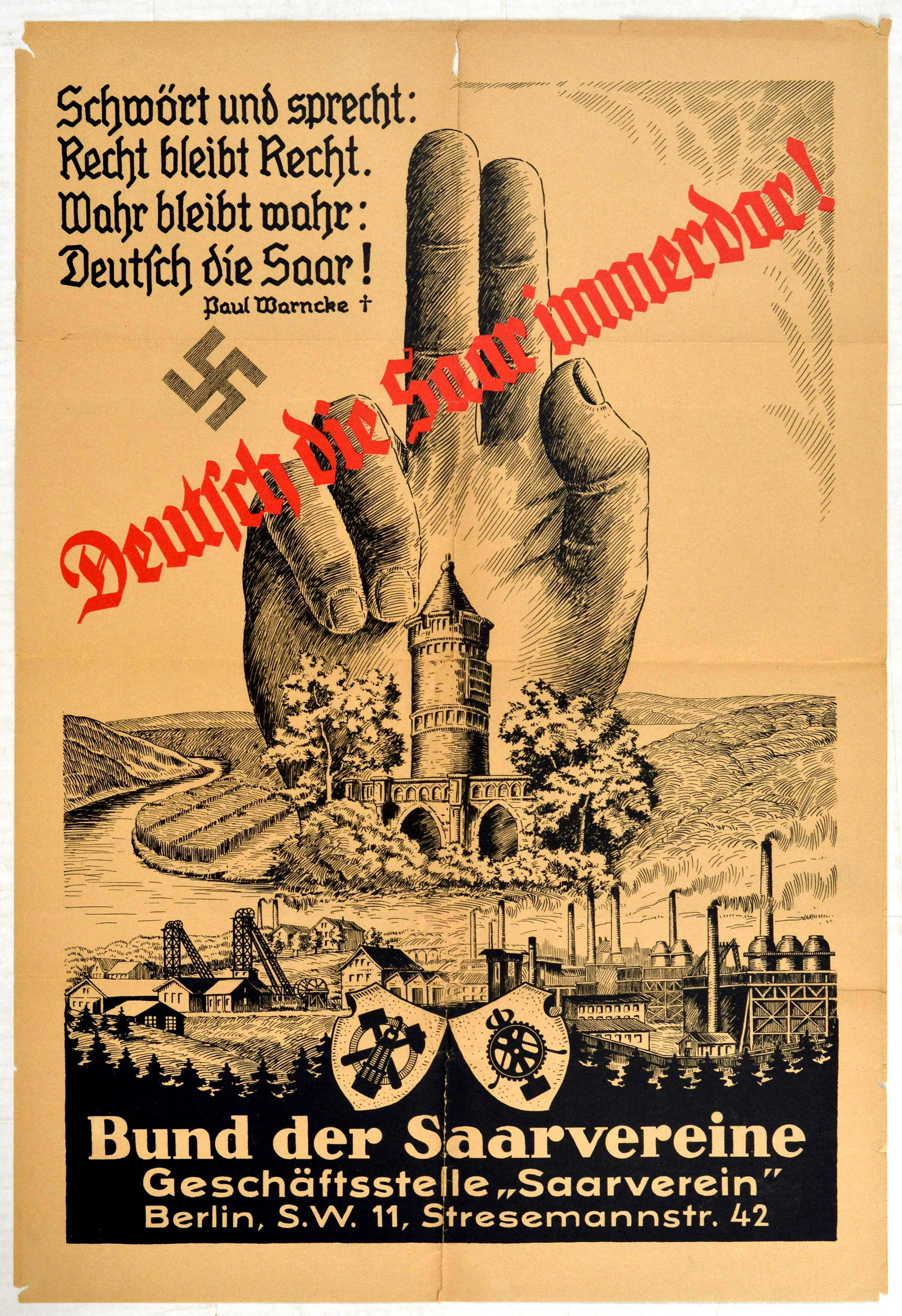 Propaganda Poster Saarland Unification Nazi Germany: Original vintage Nazi Germany propaganda poster issued by the Bund der Saarvereine ahead of the referendum on adjoining Saarland to Germany. The Saar is German Forever! / Deutsch Die Saar Immerdar! St