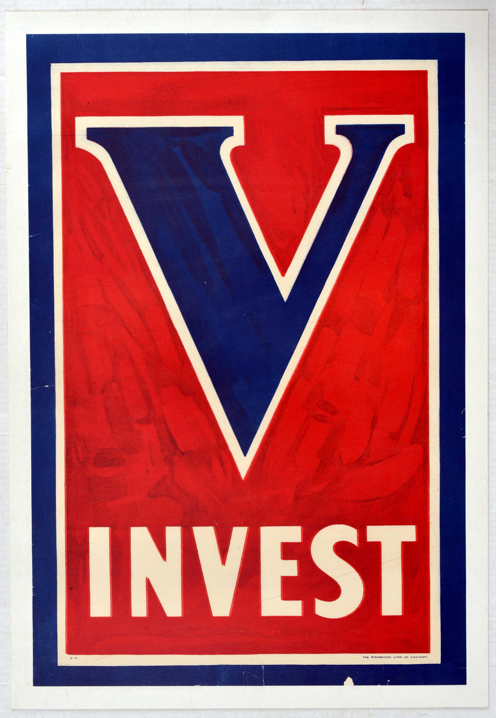 War Poster WWI V Invest Victory USA: Original antique World War One propaganda poster featuring a bright design with a blue V for victory sign against a red background with bold white lettering below. Published by the United States Gover