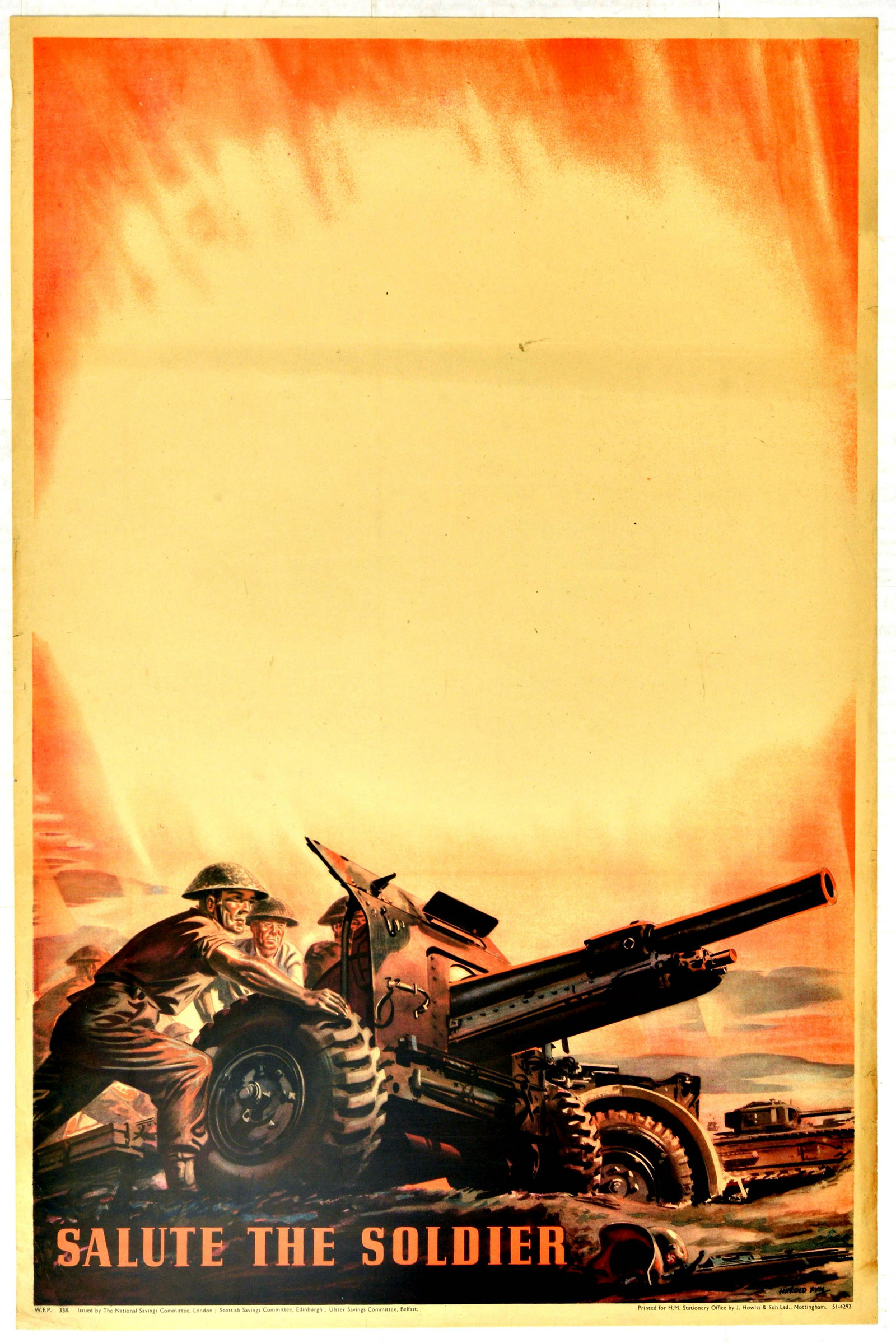 War Poster Salute the Soldier Artillery WWII UK: Original vintage Second World War propaganda poster titled Salute the Soldier, with an artwork by British artist Harold Pym, of a painting featuring soldiers in a warfare firing an artillery cannon, w