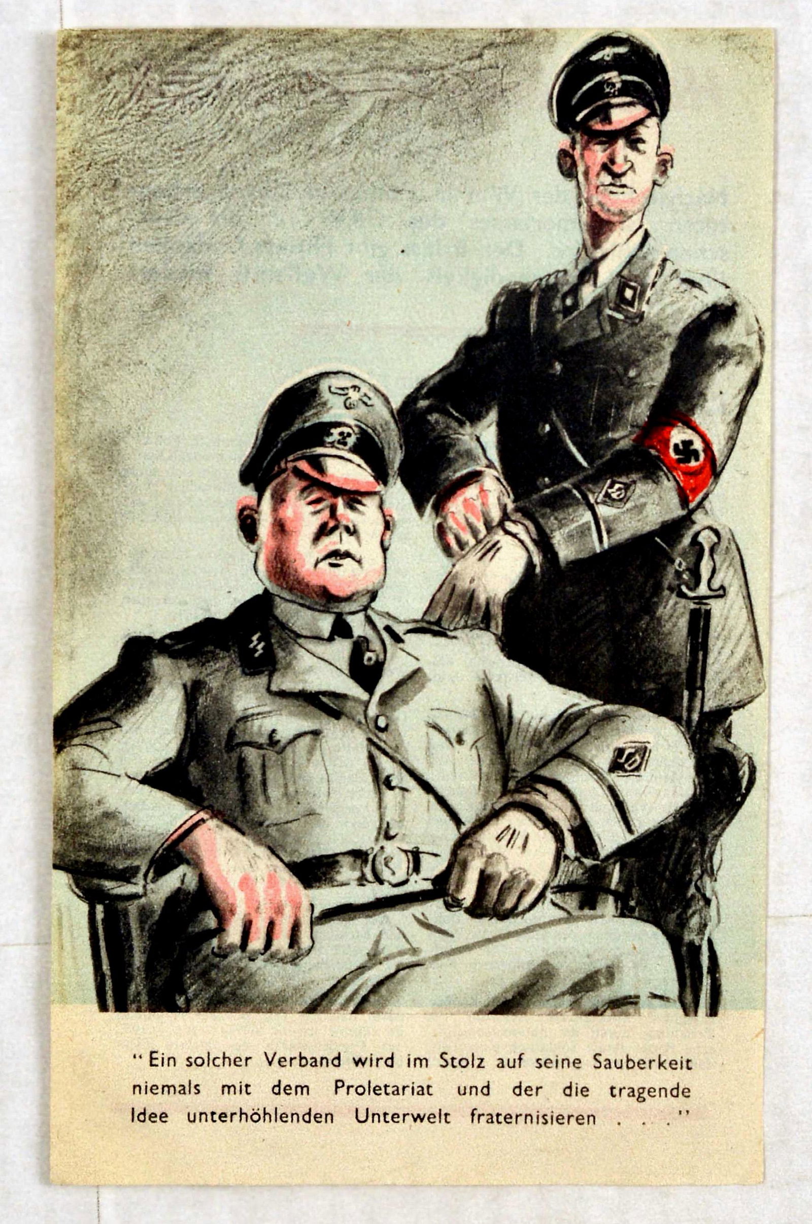 War Poster Never Fraternize Nazi SS WWII Leaflet: Original vintage World War Two anti - Nazi SS propaganda leaflet issued by the Allied troops. The text on the front reads: Such an association, in the pride of its cleanliness, will never fraternize w