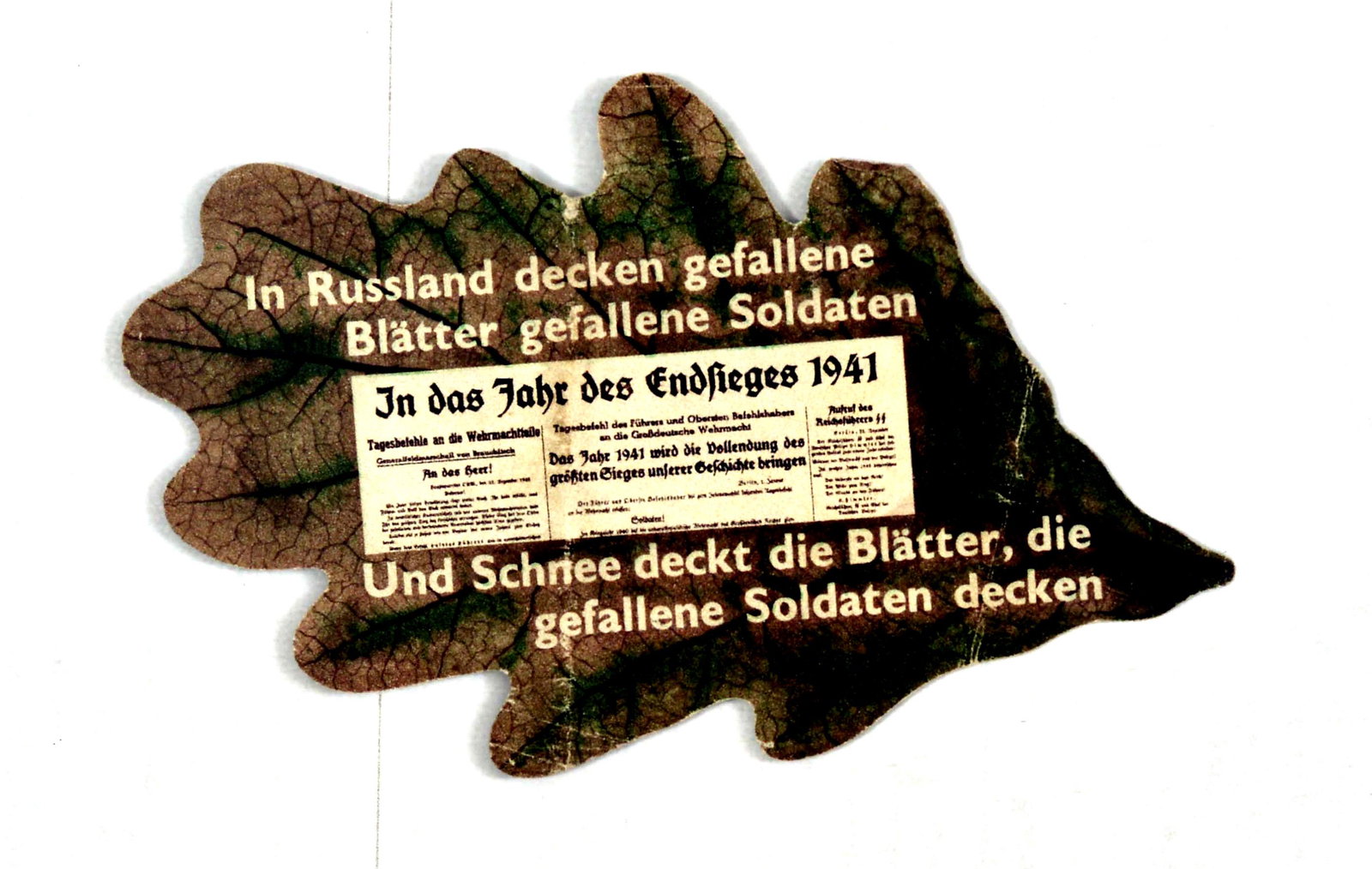 War Poster Fallen Leaves Dead Nazi Russia WWII: Original vintage World War Two propaganda leaflet issued by the Allied troops. This anti-Nazi leaflet is cut to the shape of a leaf with bold white lettering around newspaper cuttings from the Second 