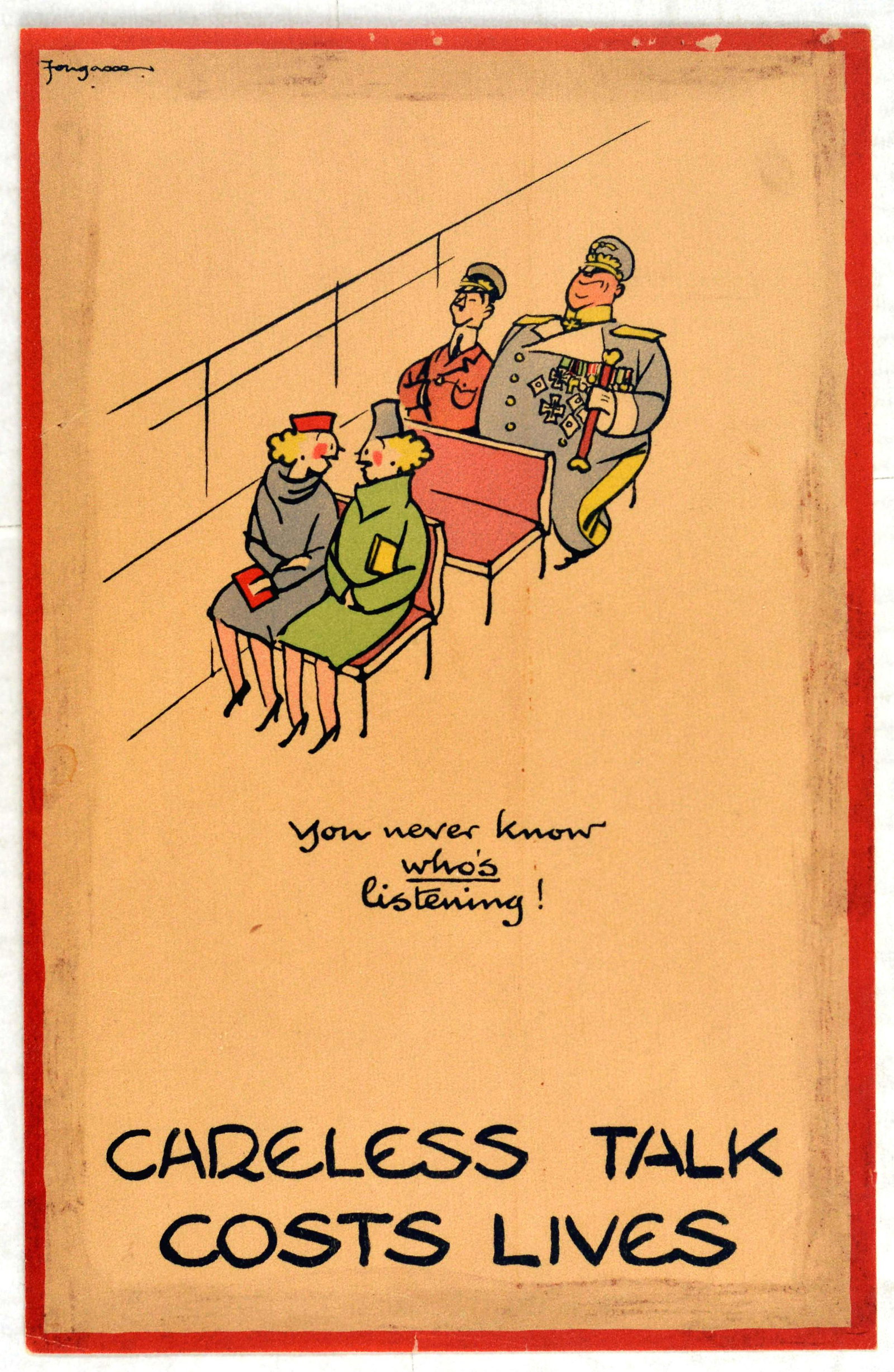 War Poster Careless Talk Fougasse WWII Bus: Original vintage World War Two poster by the notable British cartoonist and illustrator Fougasse (Cyril Kenneth Bird; 1887-1965) from the popular and iconic Careless Talk Costs Lives wartime propagand