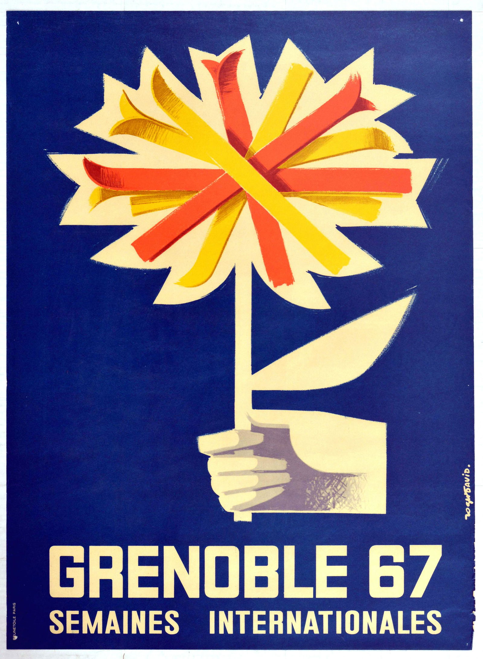 Sport Poster Grenoble Winter Olympics Ski International: Original vintage event advertising poster for Grenoble in 1967. Roger Davids simple and striking design depicts a hand holding a flower composed of skis: the city of Grenoble emblem that was later ado