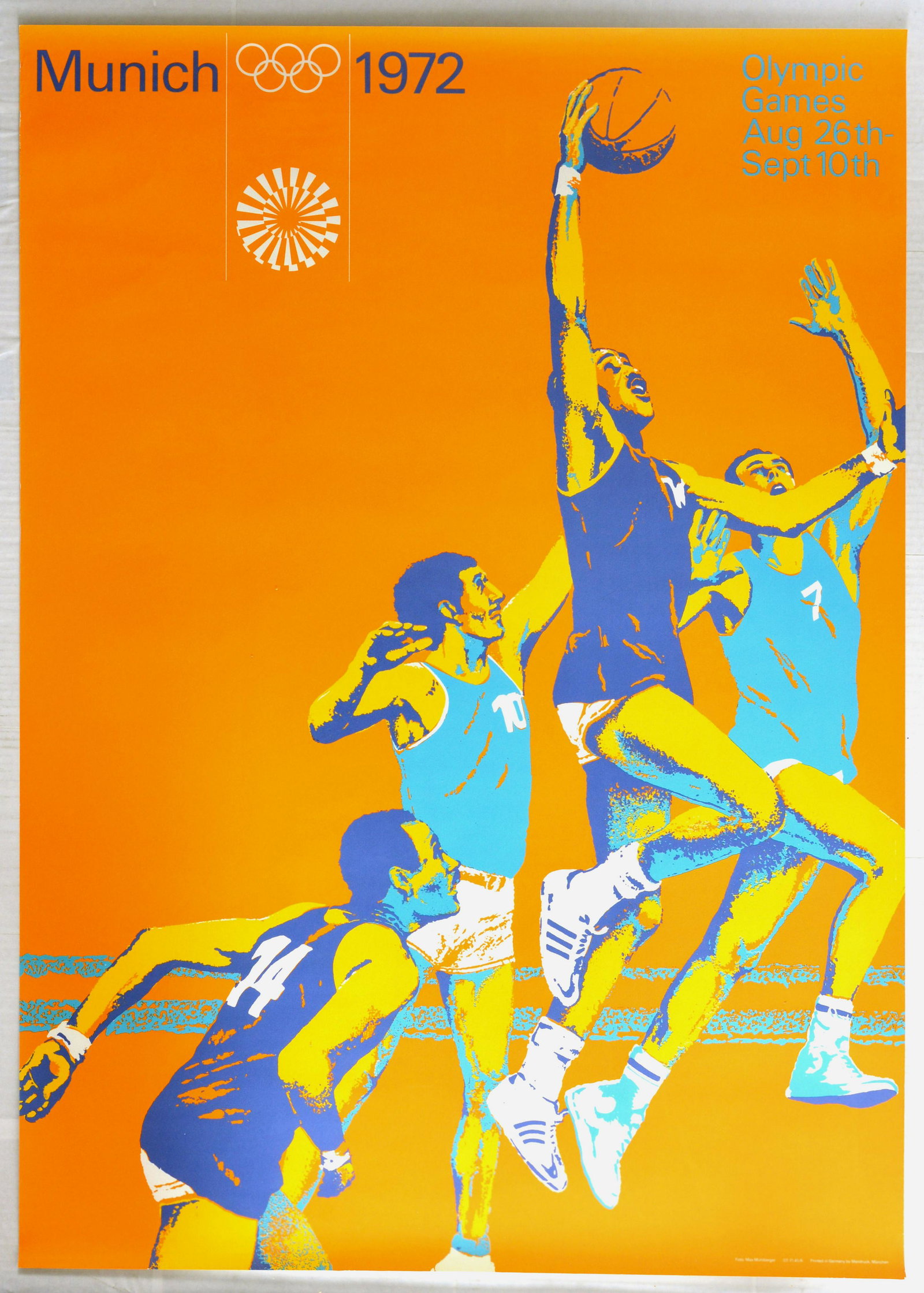 Sport Poster Munich Olympics 1972 Basketball: Original vintage sport advertising poster for the 1972 Munich Summer Olympic Games, held from August 26th to September 10th, 1972. The poster was designed by Otl Aicher (1922-1991), a German graphic d
