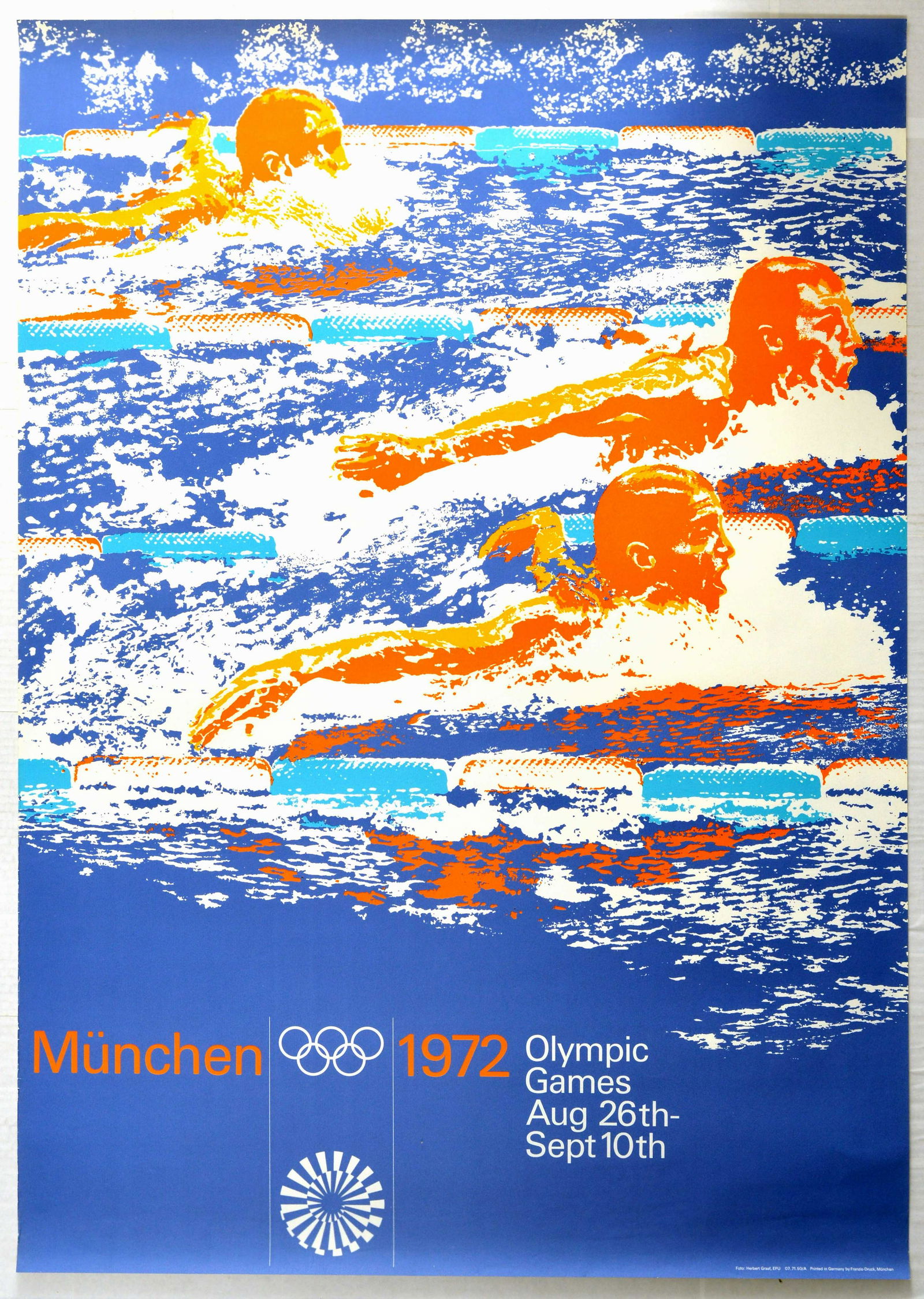 Sport Poster Munich Olympics 1972 Swimming: Original vintage sport advertising poster for the 1972 Munich Summer Olympic Games, held from August 26th to September 10th, 1972. The poster was designed by Otl Aicher (1922-1991), a German graphic d