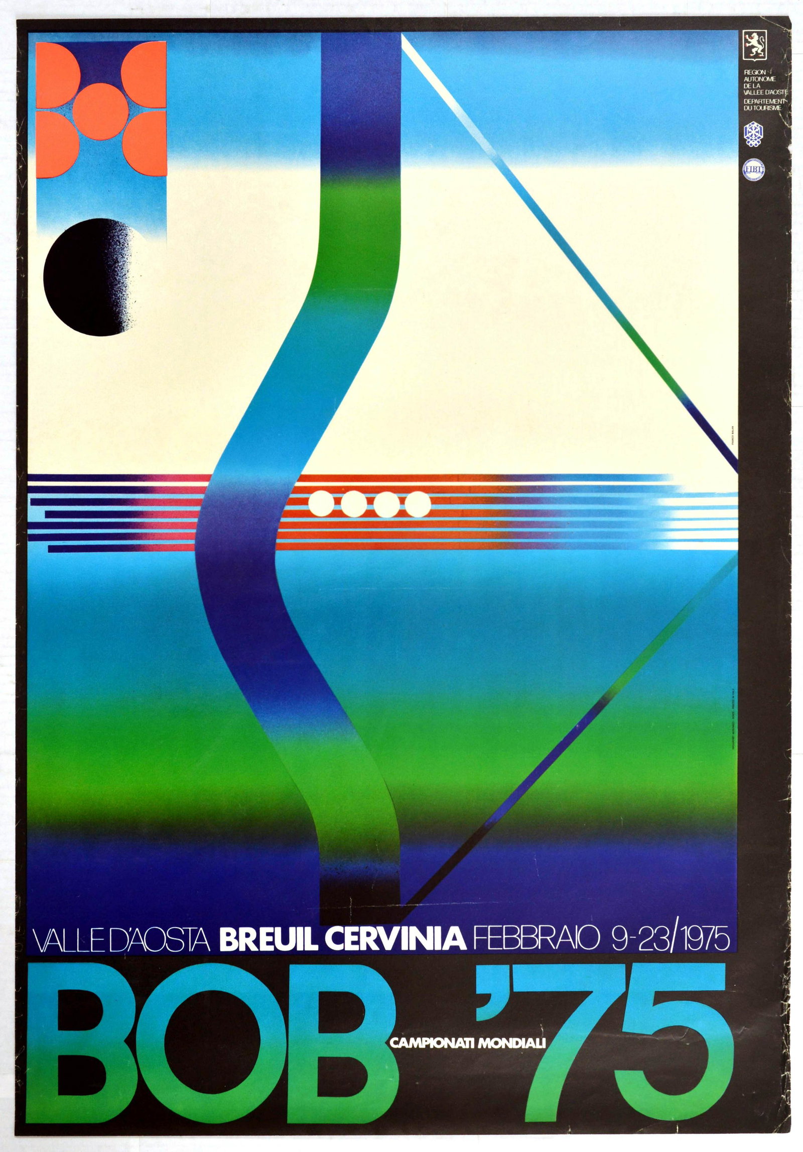 Sport Poster Valle DAosta Bobsleigh Seventy Five: Original vintage sports advertising poster titled in Italian Valle D'Aosta Breuil Cervinia Febraio 9-23/1975, Bob '75 Camponati Mondali - Valle D'Aosta Breuil Cervinia February 9-23/1975, Bobsleigh '7
