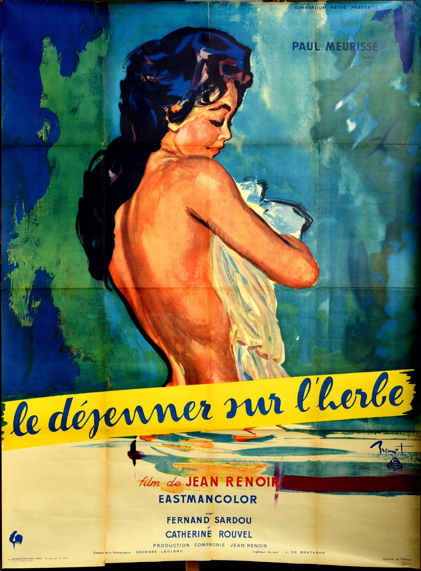 Film Poster Picnic on the Grass Brenot: Original vintage film advertising poster for a 1959 French comedy film titled in French Le Dejeuner Sur L'Herbe - Picnic on the Grass, with an artwork of a painting by artist Pierre-Laurent Brenot, an