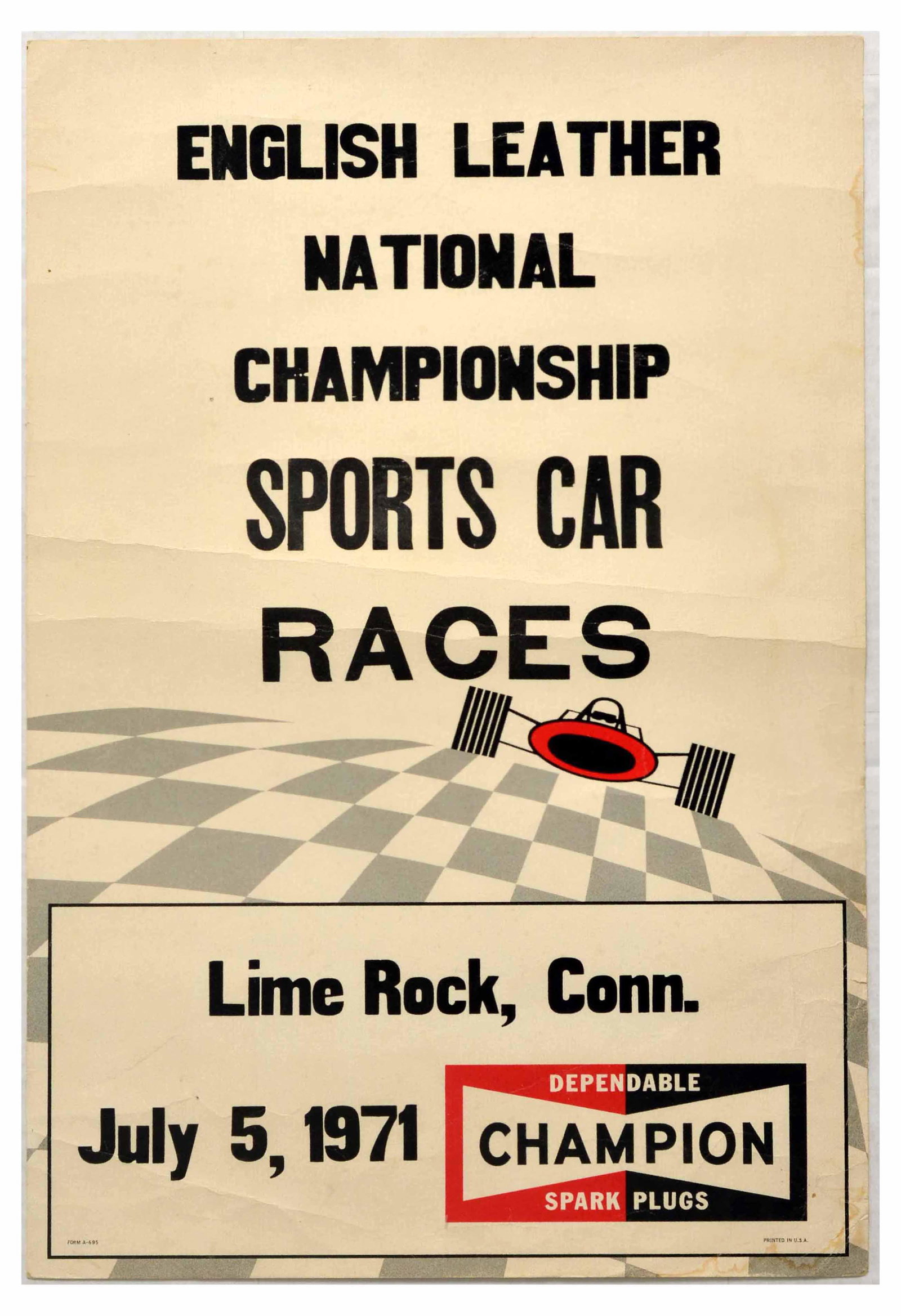Advertising Poster English Leather National: Original vintage sport advertising poster for English Leather National Championship Sports Car Races held on 5 July 1971 in Lime Rock Connecticut. The poster features a stylised race car illustration 