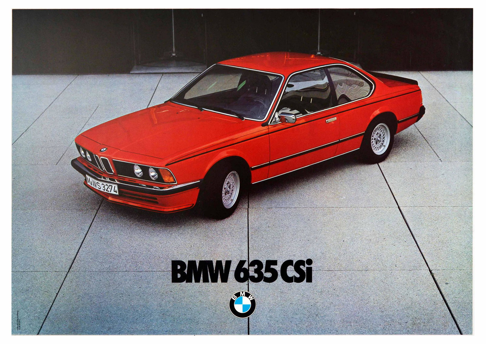 Advertising Poster BMW 635 CSi Coupe Car Germany Red: Original vintage advertising poster for BMW 635 CSi. The poster features bright red BMW car with black interior parked in front of a building. BMW 635 CSi was produced solely in a 2-door coupe body st