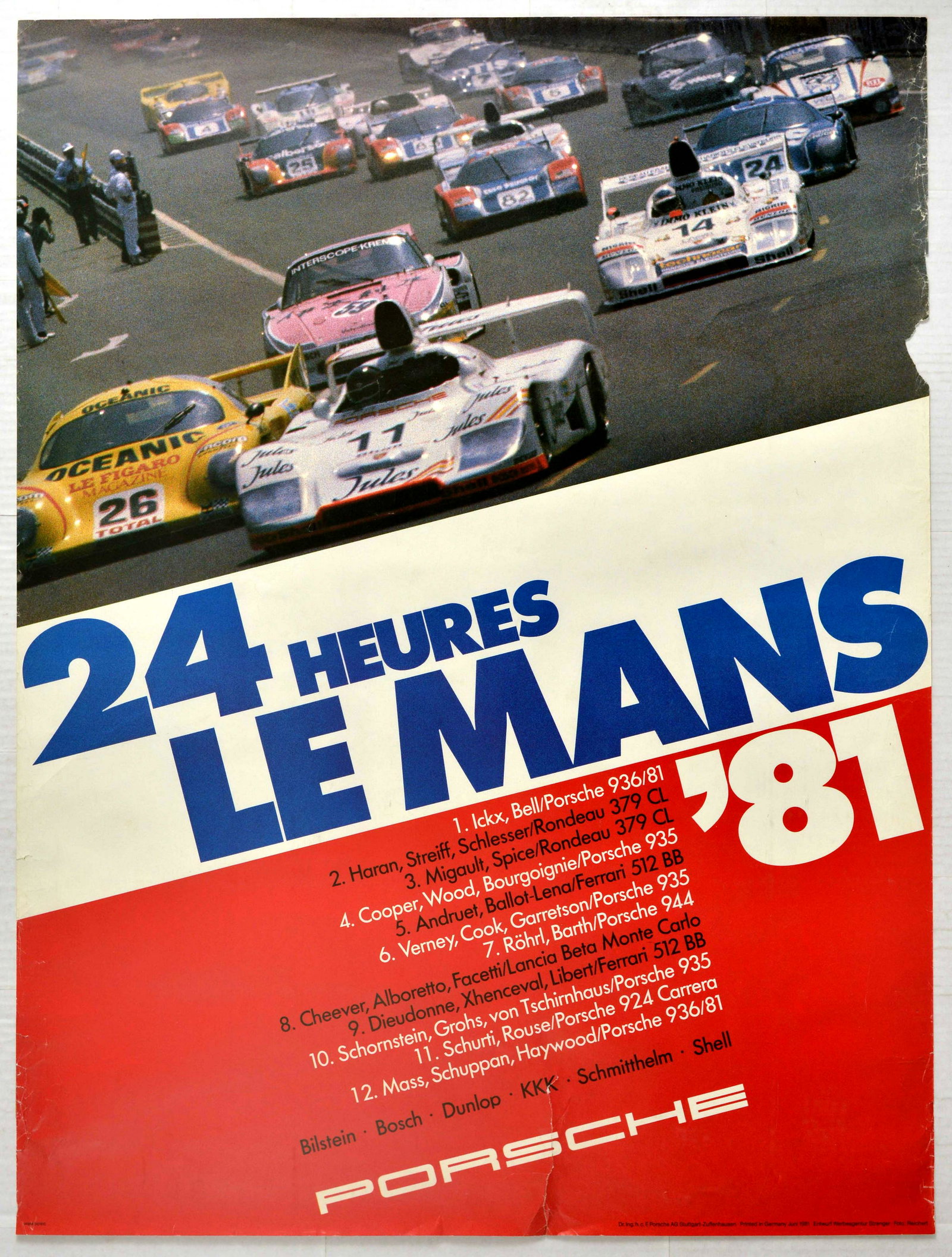 Advertising Poster Porsche 24 Hours Le Mans: Original vintage official Porsche advertising poster for 24 Hours Le Mans race - The photograph features speeding white yellow pink blue and red Le Mans race cars taking turn. The poster celebrates Po