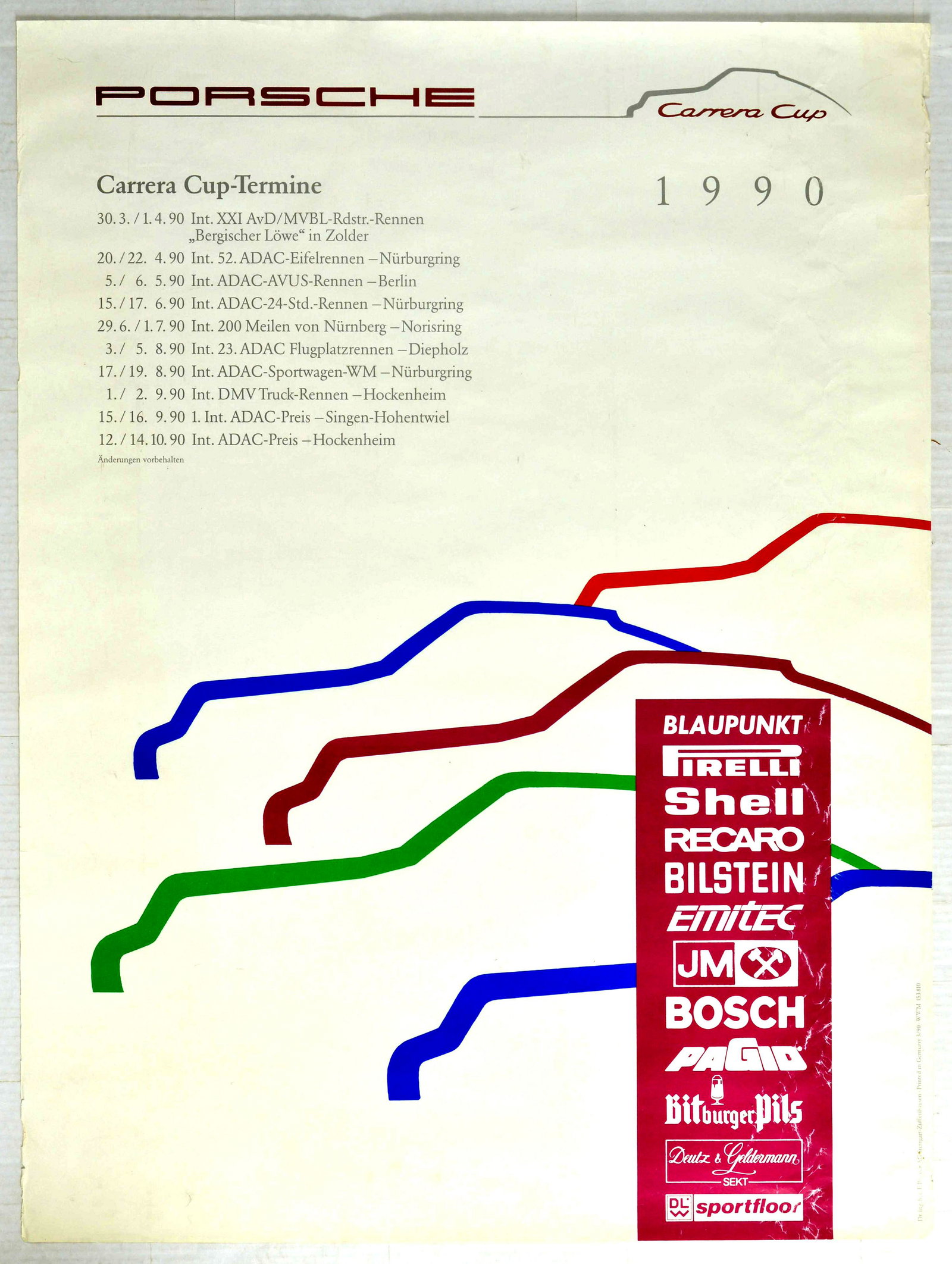 Advertising Poster Porsche Carrera Cup 1990: Original vintage advertising poster issued by Porsche - Carrera Cup 1990 - Design features blue green brown and red stylised shapes of racing cars on the white background. Information on the dates and