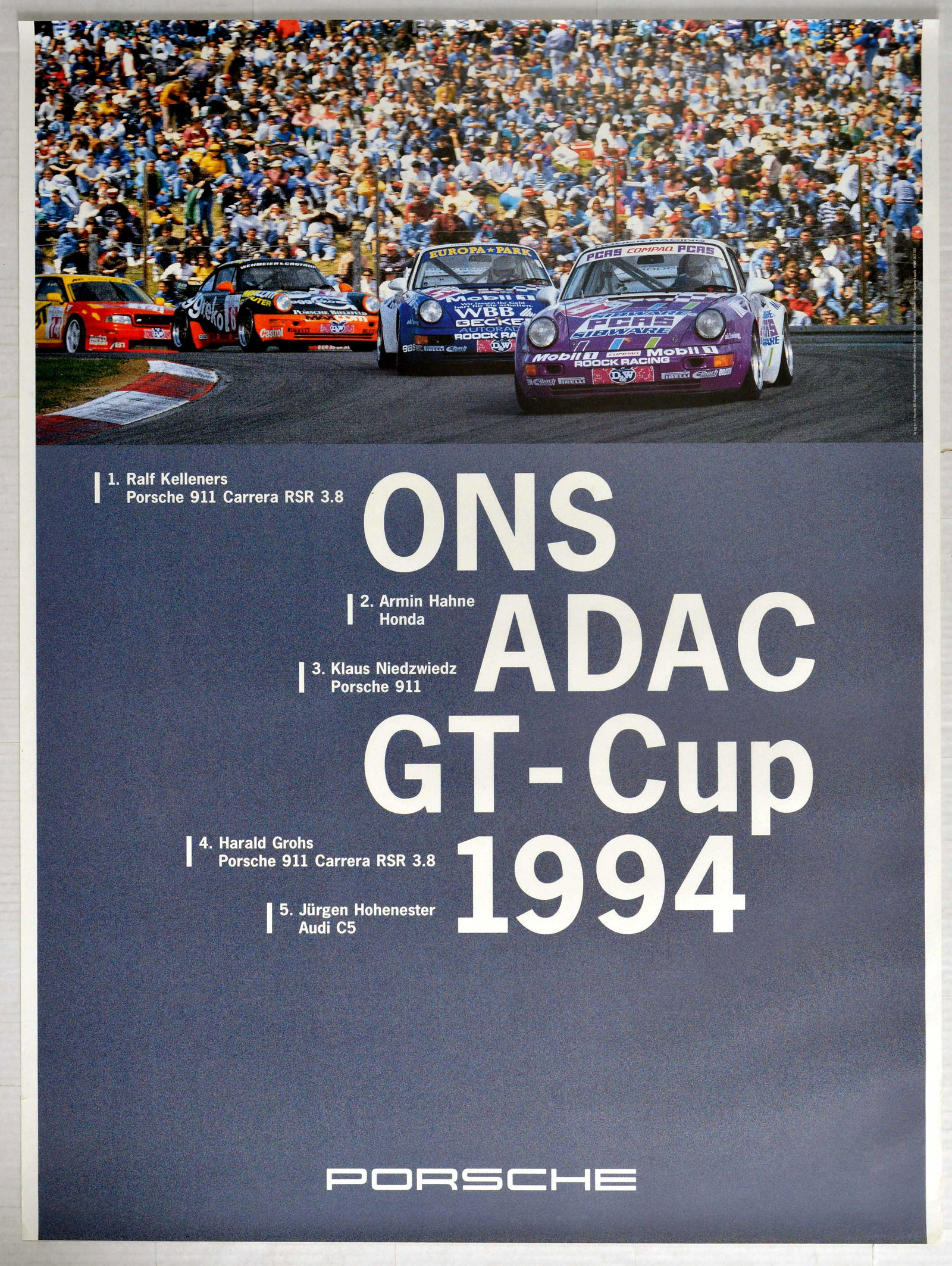 Advertising Poster ONS ADAC GT Cup Porsche 911 Carrera: Original vintage advertising poster for ONS ADAC GT - Cup of 1994 national grand tourer championship - Design features a photograph of the tribunes filled with spectators watching closely the tight ra
