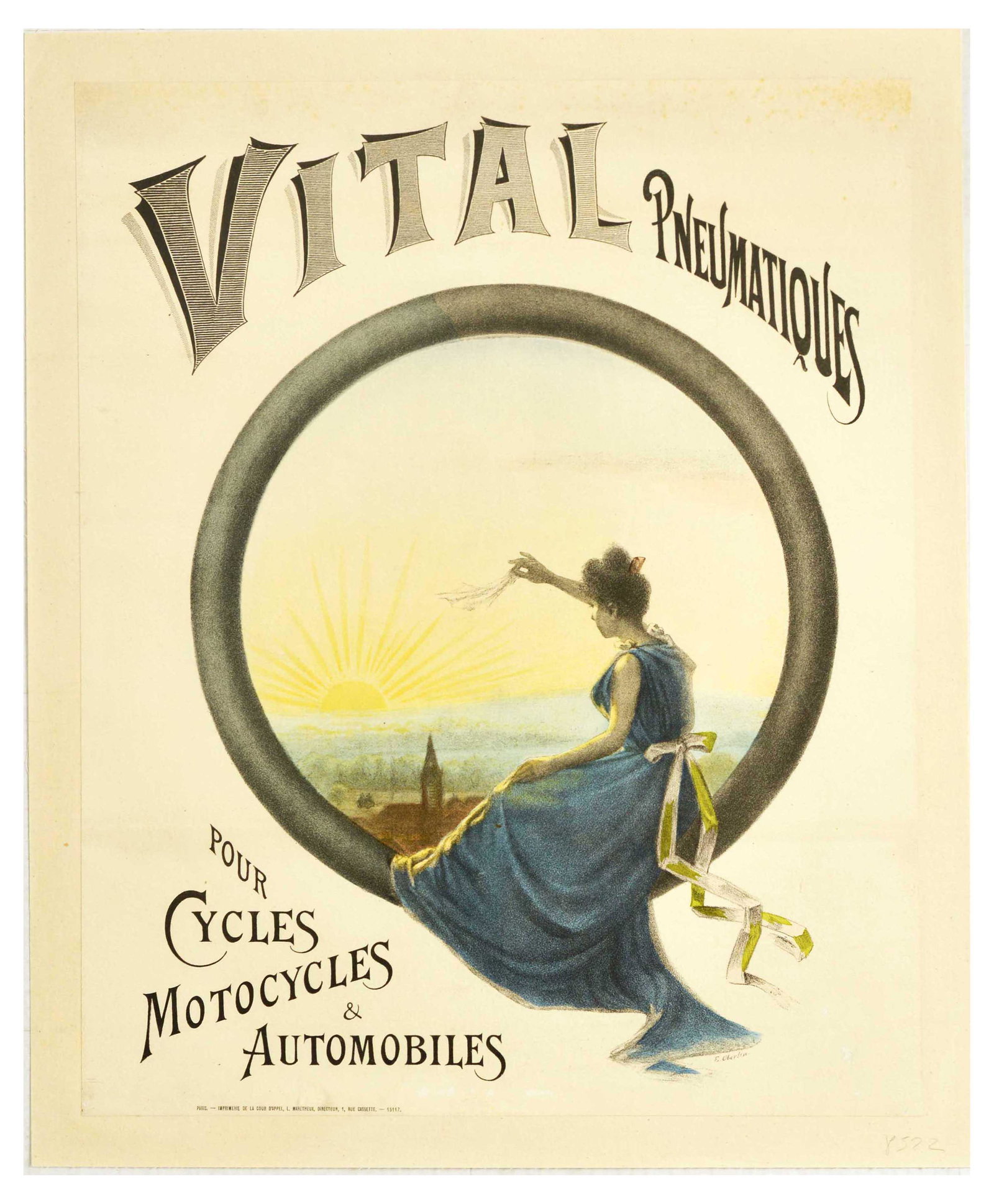 Advertising Poster Vital Pneumatiques Bike Tyre Bicycle: Original vintage advertising poster for French bicycle tyre maunufacturer Vital Pneumatiques - Pour Cycles Motocycles and Automobiles - For Bicycles, Motorbikes and Cars - Design features a lady sitti