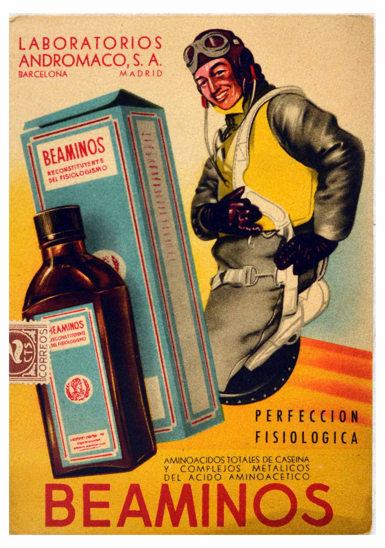 Advertising Poster Beaminos Medicine Pilot Spain: Original vintage double-side advertising poster flyer for Beaminos, featuring a bold and colourful design, published in Spanish. The image shows a smiling fighter pilot in a yellow jacket and a bottle