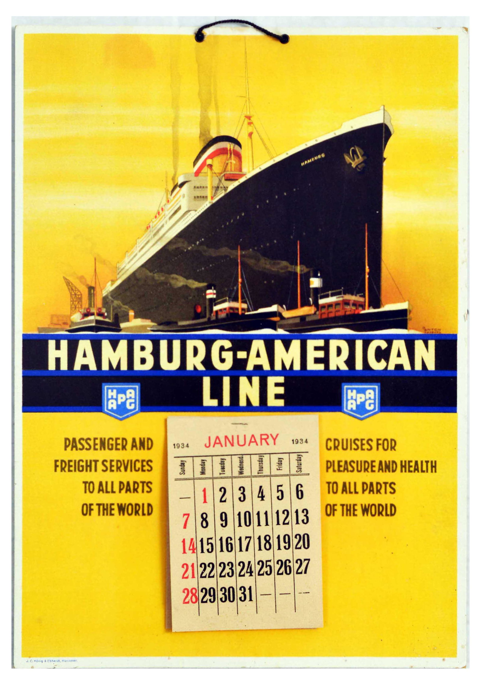 Advertising Poster Hamburg America Line Calendar Ship: Original vintage travel advertising poster for Hamburg American line - Artwork by Ottomar Anton (1895-1976) features a steam ship with a red chimney surrounded by boats on a yellow background. Bold wh