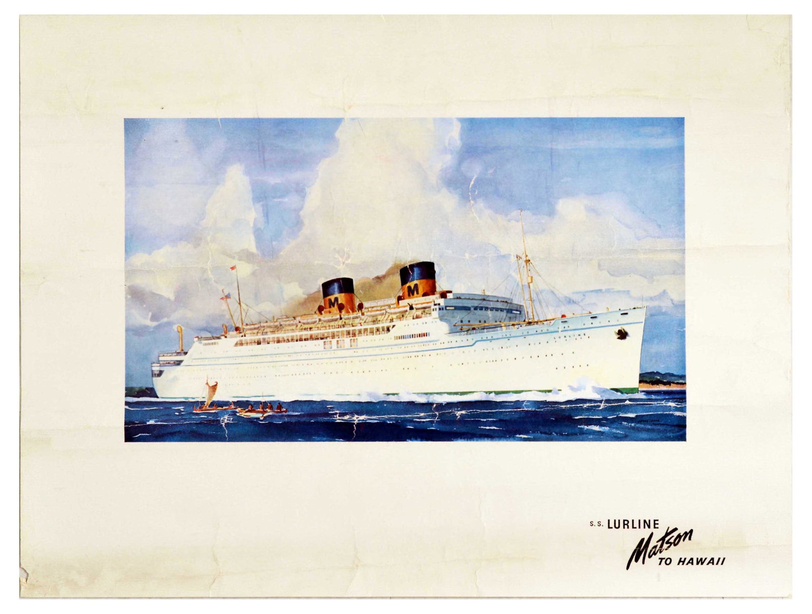 Advertising Poster Hawaii Matson Cruise Steam Ship: Original vintage advertising poster for the S.S. Lurline Matson, featuring a wonderful image of a large white steam ship with red chimneys, sailing past smaller boats on a blue ocean. The S.S. Lurline