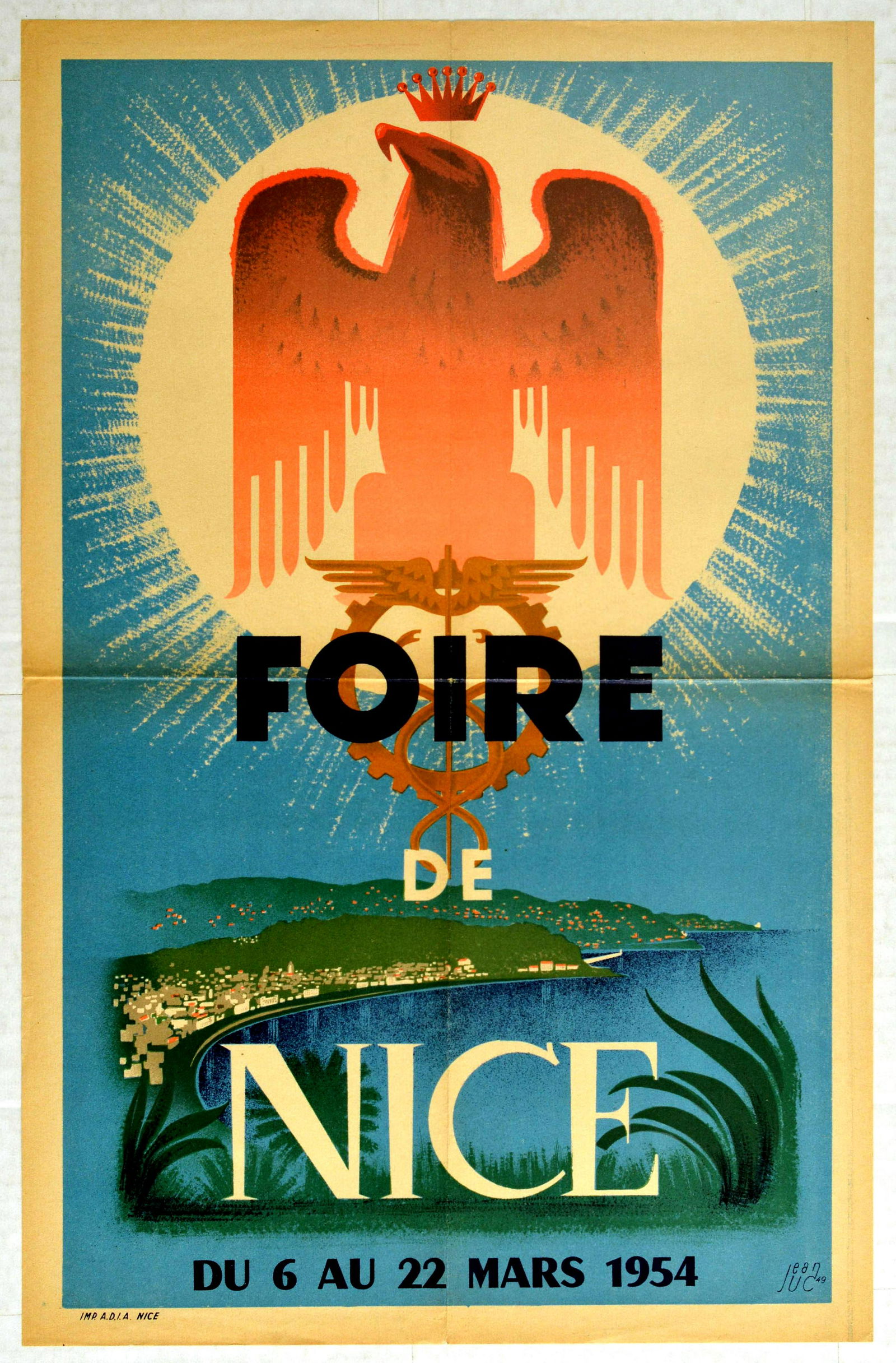 Advertising Poster Foire de Nice Nice Fair: Original vintage advertising poster for Foire de Nice / Nice Fair - a regional and commercial event that takes place every year in Nice (Alpes-Maritimes) in March. Design features an illustration of a