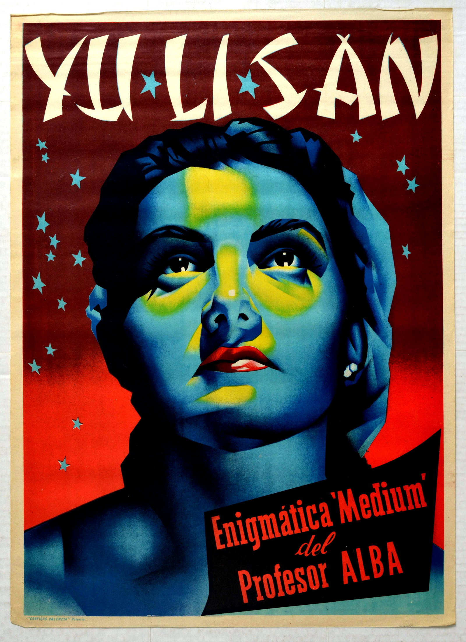Advertising Poster Professor Alba Yu Li San Magic: Original vintage advertising poster for Yu Li San - Enigmatica Medium del Profesor Alba / Professor Alba's Enigmatic Medium, an assistant to Professor Alba a magician, hypnotist and psychic entertaine