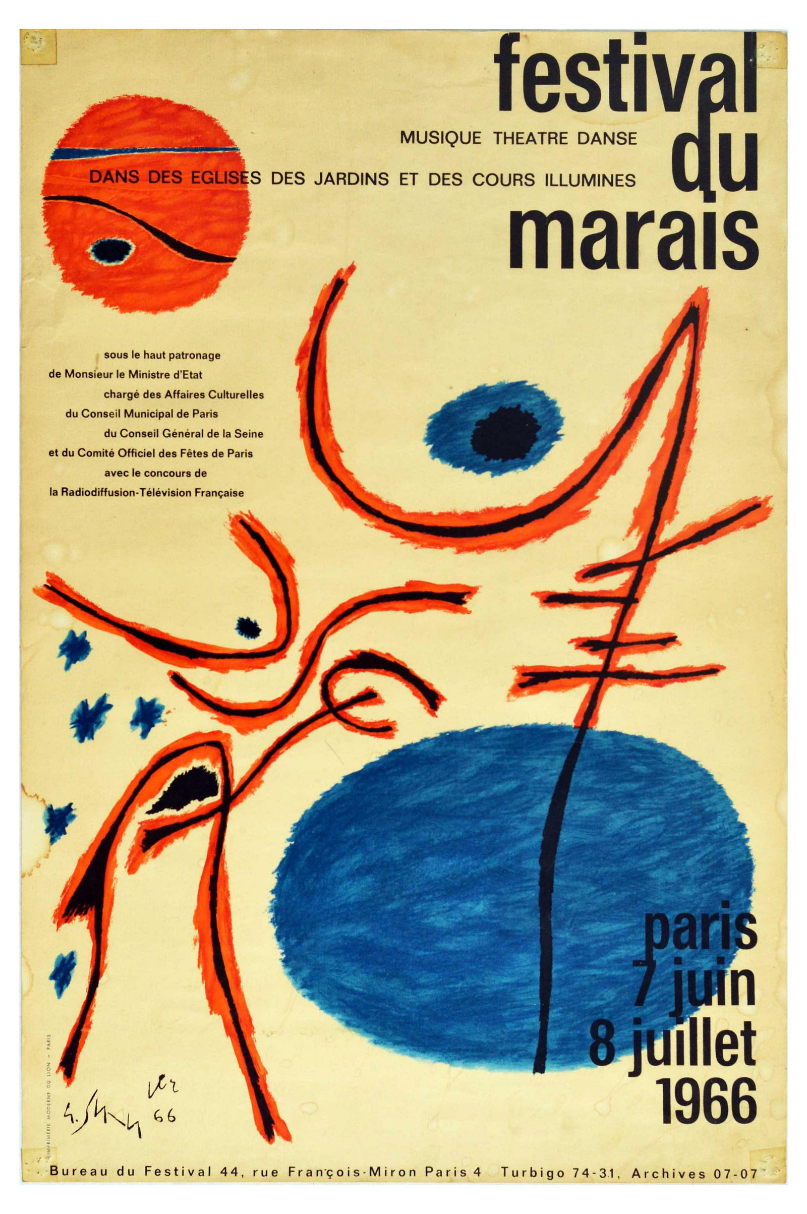 Advertising Poster Festival du Marais Paris Gustave: Original vintage event poster for the 1966 Festival du Marais, with artwork by Belgian painter Gustave Singier (1909-1984), published in French. The abstract painting features a red circle, two blue c
