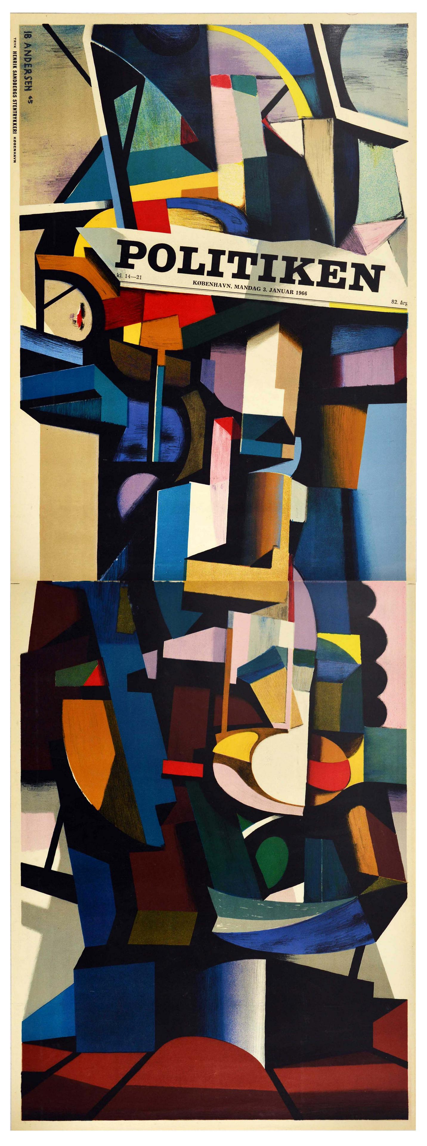 Advertising Poster Politiken Newspaper Andersen Cubism: Original vintage poster promoting Politiken, a leading Danish daily broadsheet newspaper, published by JP/Politikens Hus in Copenhagen, Denmark. Cubist Collage by IB Andersen. Title reads 'Politiken K
