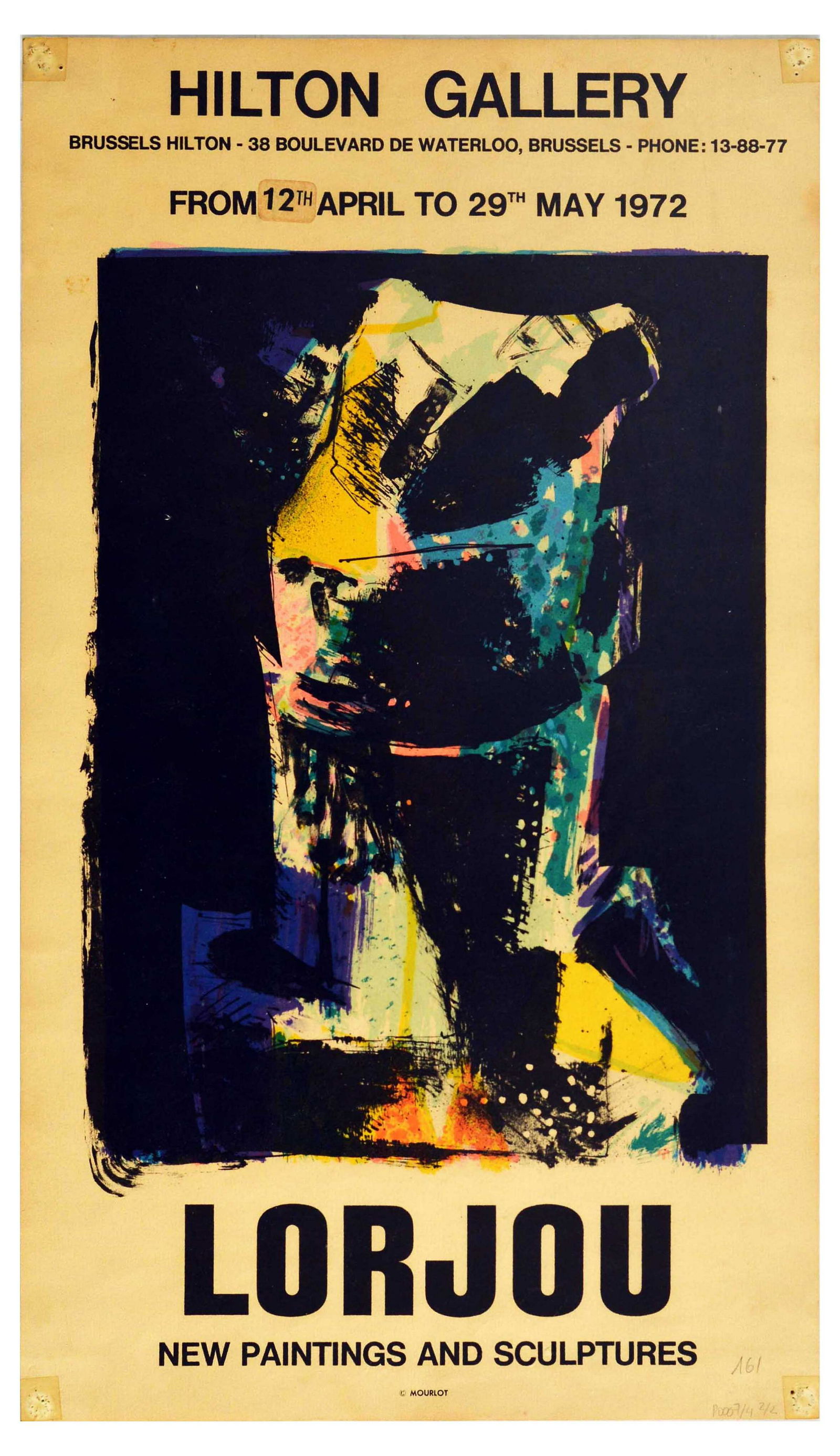 Advertising Poster Bernard Lorjou Mourlot Hilton: Original vintage double-sided poster advertising an exhibition of Bernard Lorjouâ€™s (1908-1986) artwork. The front of the poster features a dark expressionist painting, composed of yellow, blue,