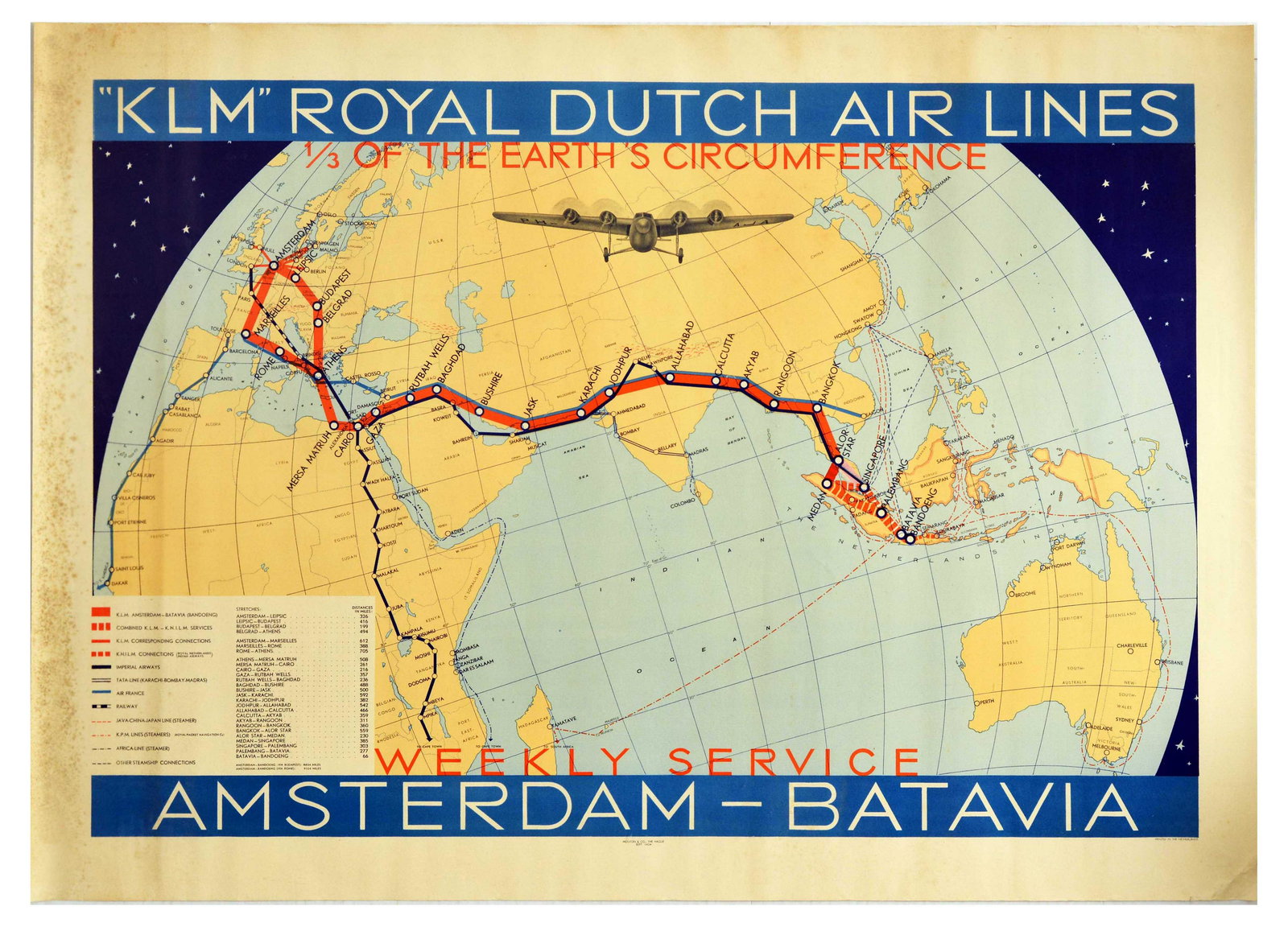 Travel Poster KLM Royal Dutch Airline Amsterdam Batavia: Original vintage travel advertising poster for KLM Royal Dutch Air Lines 1/3 of the Earth's circumference weekly service Amsterdam - Batavia (Dutch East Indies - now Jakarta Indonesia in Asia) showing