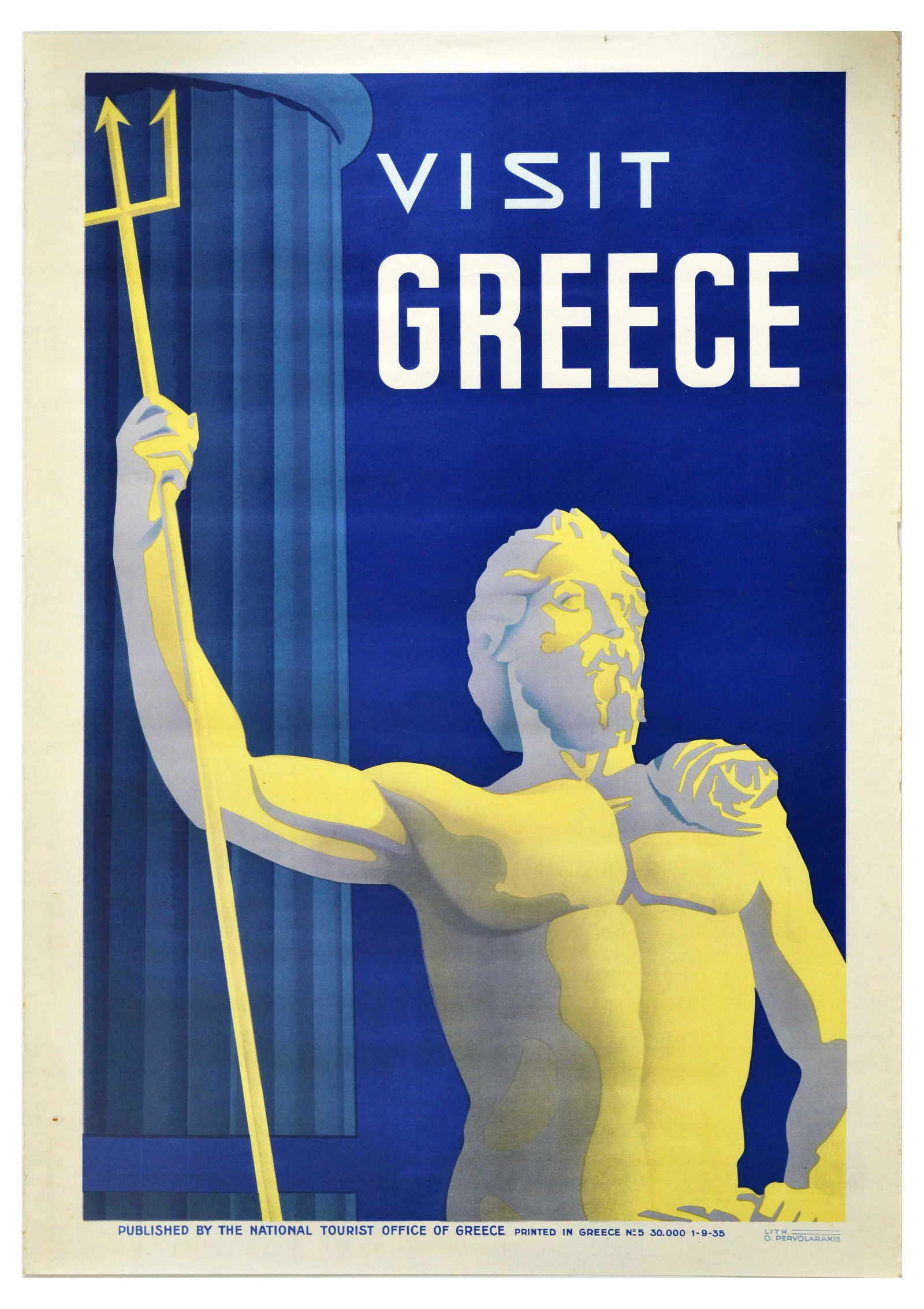 Travel Poster Greece Athens Greek God Poseidon: Original vintage travel poster advertising Athens, Greece, issued by the Tourist Office of Greece, featuring artwork by O. Pervolarakis. The yellow and print depicts a statue of Poseidon, posing with