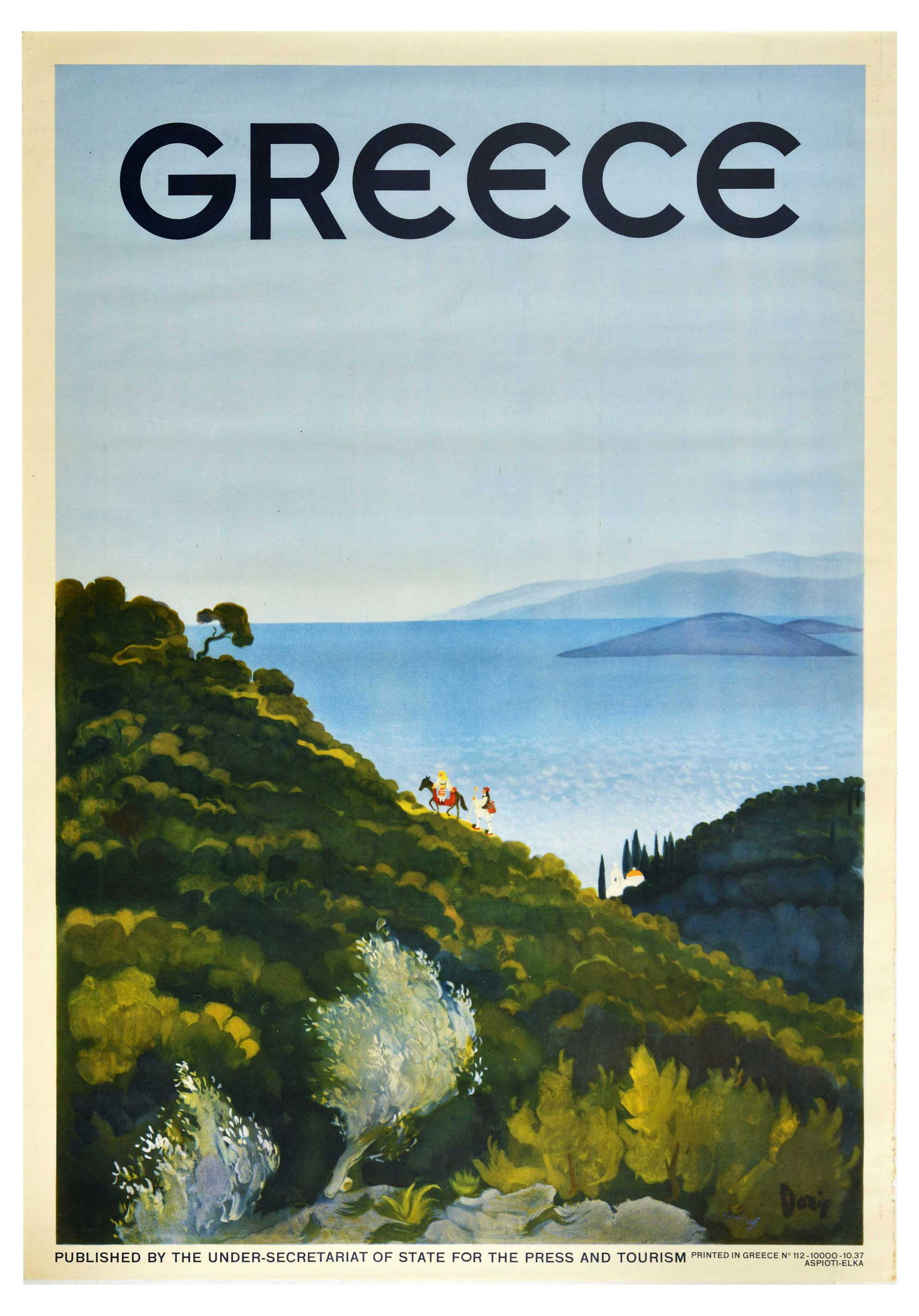 Travel Poster Greece Hills Mediterranean Sea Horse: Original vintage travel poster for Greece published by the Under-Secretariat of State for the Press and Tourism. Design features people hiking up a green hillside with a horse. Islands and sea appear 
