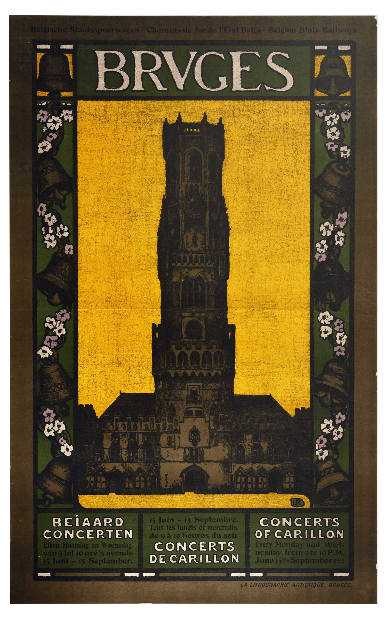 Travel Poster Bruges Belgium L Reckelbus: Original vintage travel poster promoting Bruges, Belgium, by L. Reckelbus. The print depicts a gothic tower on a yellow background, surrounded by a border of church bells and small purple flowers. Tex
