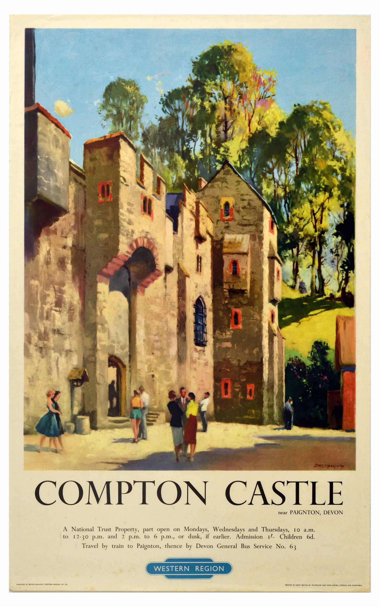 Travel Poster Compton Castle British Railways Western: Original vintage travel poster advertising British Railways Western Region journeys to Compton Castle near Paignton, Devon - Design by Jack Merriott (1901â€“1968) features people enjoying the cas